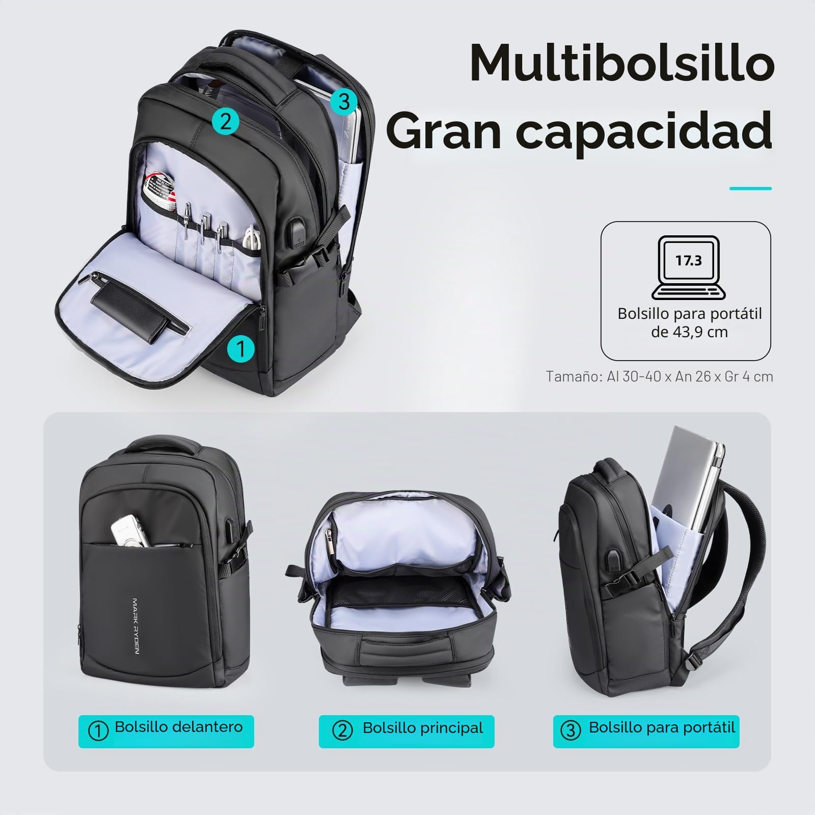 MARK RYDEN Markryden Mochila Antirrobo Impermeable, Mochila para Portátil Multiusos Puerto de Carga USB, Escolar Negocio Viajes Trabajo