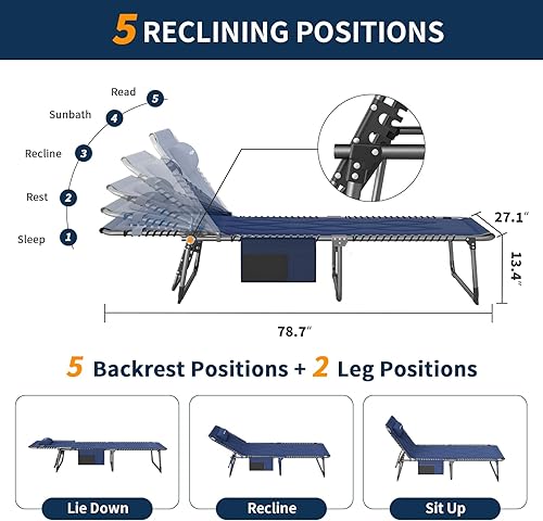 Miniatura 7 de Catre plegable acolchado para adultos con colchón de doble capa ultra cómodo, tumbona portátil de 5 posiciones para exteriores e interiores, cuna de