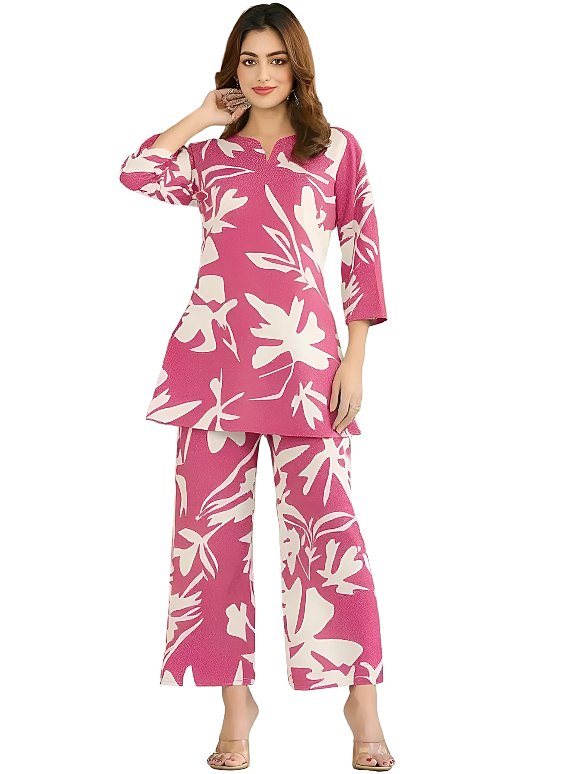 Pinkmint Women's Pure Cotton Co Ord Set L Printed Stylish Top & Bottom Set L Wide-Leg Pant Loungewear L Day-To-Night Comfort Wear Purple