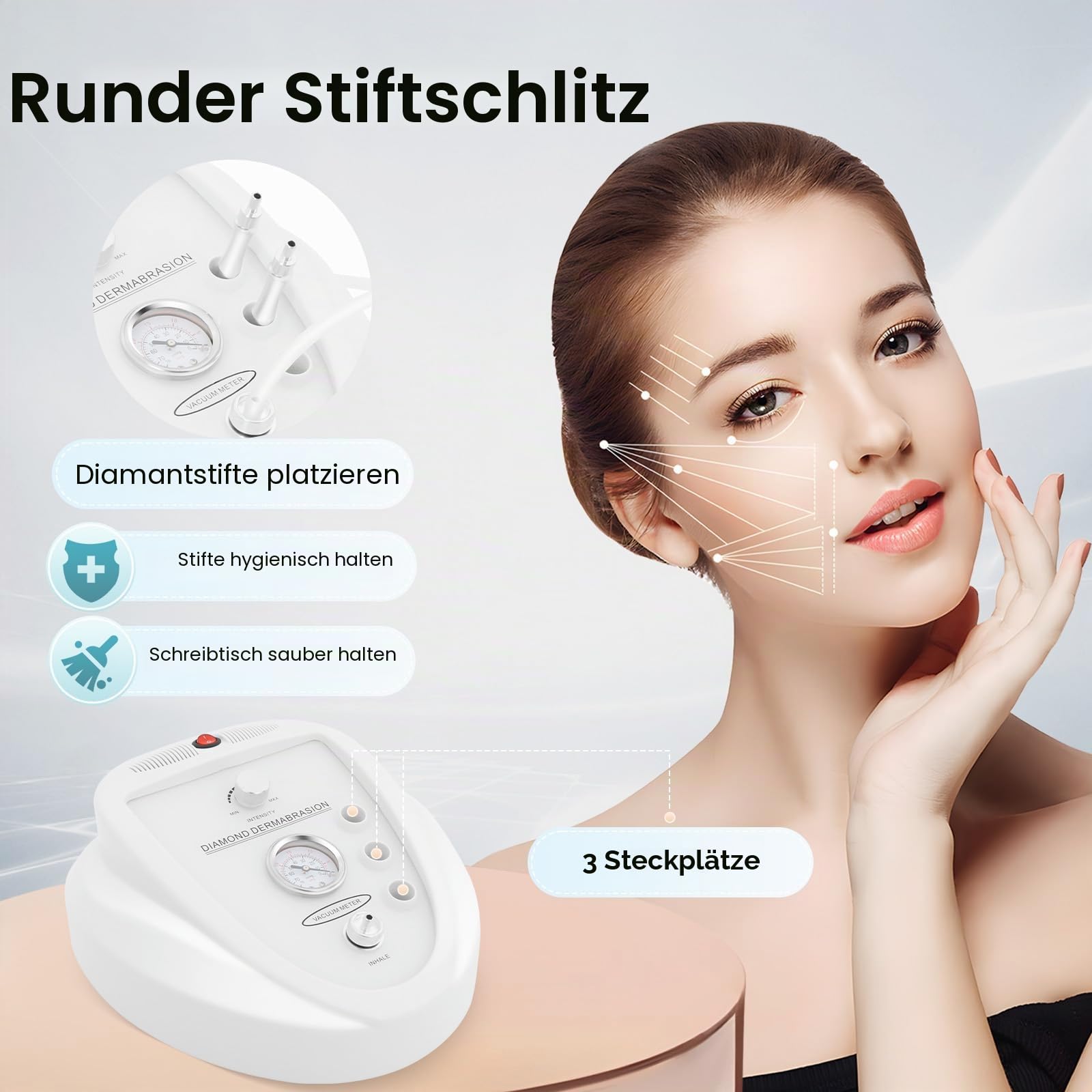 Diamant Microdermabrasion Gerät, Professionelle Mikrodermabrasions Maschine 9-stufig mit 65-68 cmHg Saugkraft, Mitesserentferner für Gesichtspflege & Körper, Inklusive 12 Aufsätzen, Weiß