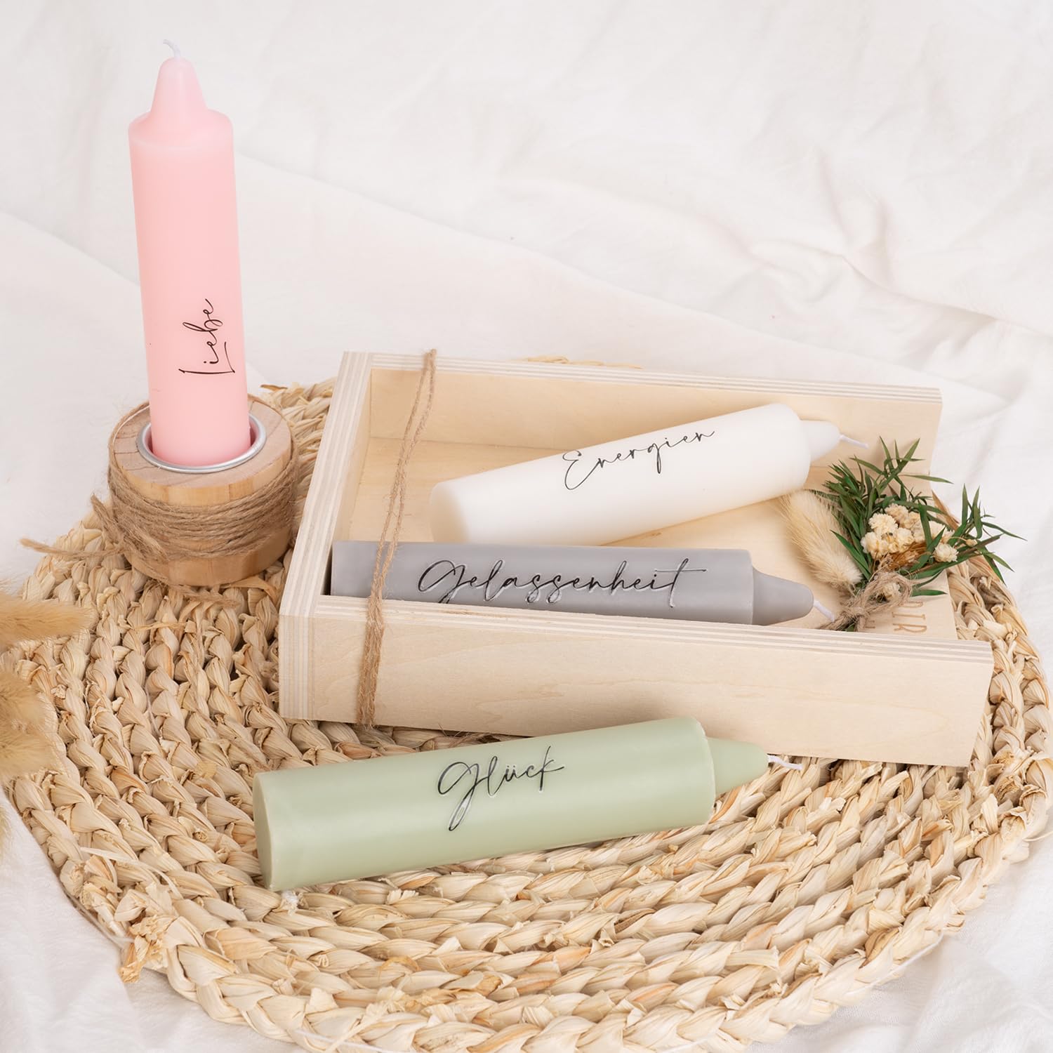 Nimm dir was du brauchst Kerzen, Geschenke für Freundin zum Geburtstag, Perfekte Kerzen Geschenkset mit Kerzenständer | Trockenblumen | Holzbox Holzverpackung, Geschenkidee für Schwester & Freundin