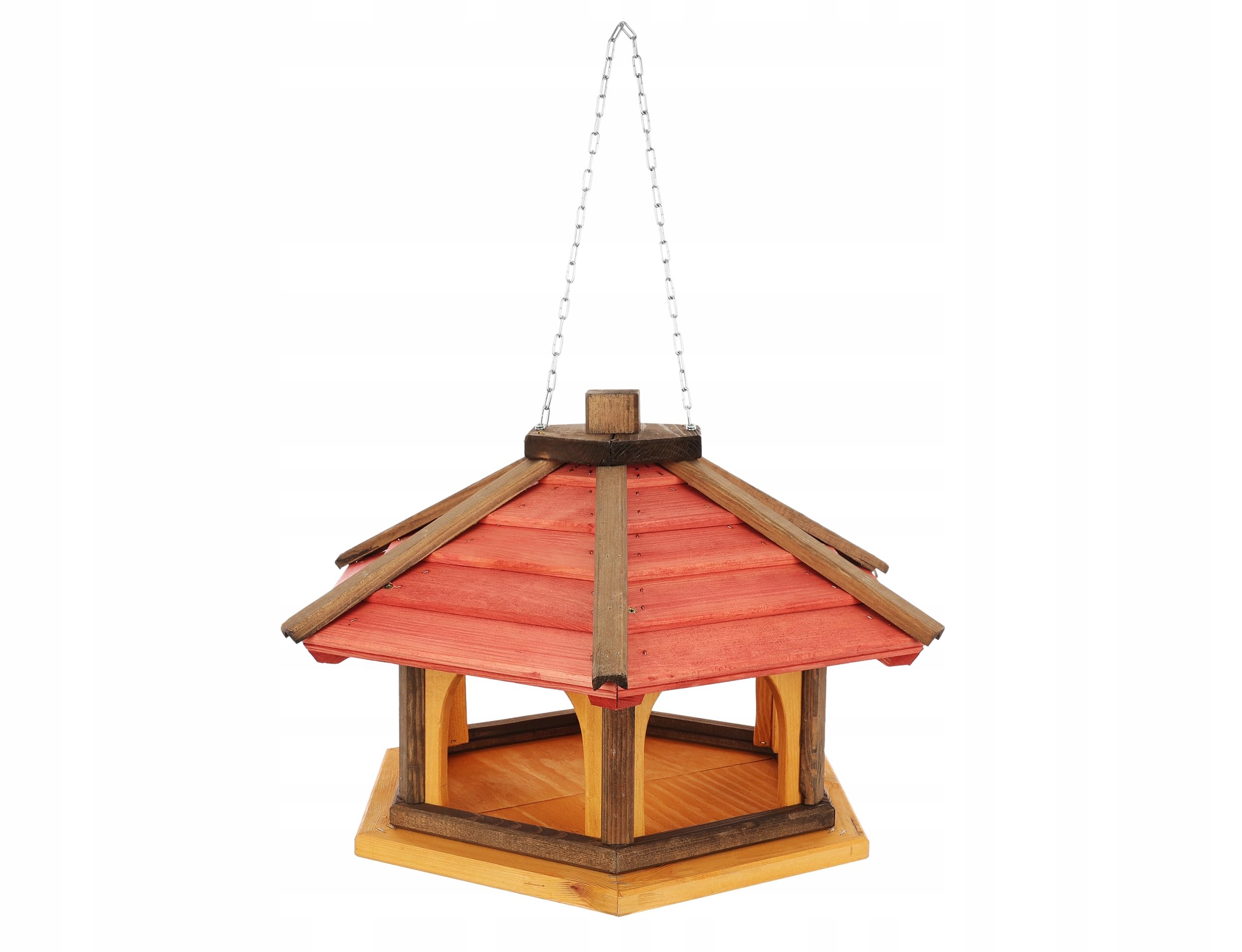 MAZUR Vogelfutterhaus mit Kette 47x31x66 cm Holz Rote Futterhütte zum Hängen im Garten, Hängen Wildvögel für Balkon, Wetterfest