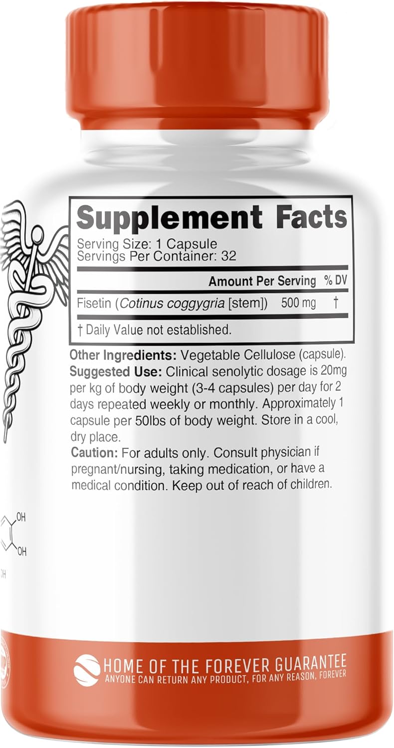 Nutri Fisetin 500mg 32 Count - Clinical Dosage - Fisetin Supplements - Powerful Senolytic Activator, Antioxidant, Heart Support - Natural Polyphenols - Capsules - 3rd Party Tested - GMP Certified