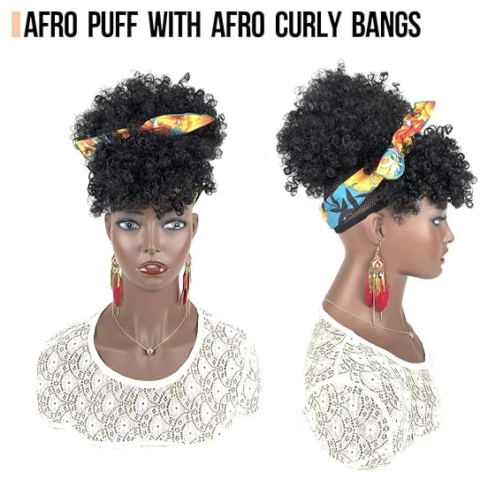 Afro Puff Drawstring Ponytail with Bangs for Black Women Afro High Puff Bun with Replaceable Spring Curl Bangs and Afro Puff Bangs Protective Styles for Natural Hair Synthetic Hair Extensions 1B Black