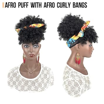 Afro Puff Drawstring Ponytail with Bangs for Black Women Afro High Puff Bun with Replaceable Spring Curl Bangs and Afro Puff Bangs Protective Styles for Natural Hair Synthetic Hair Extensions 1B Black