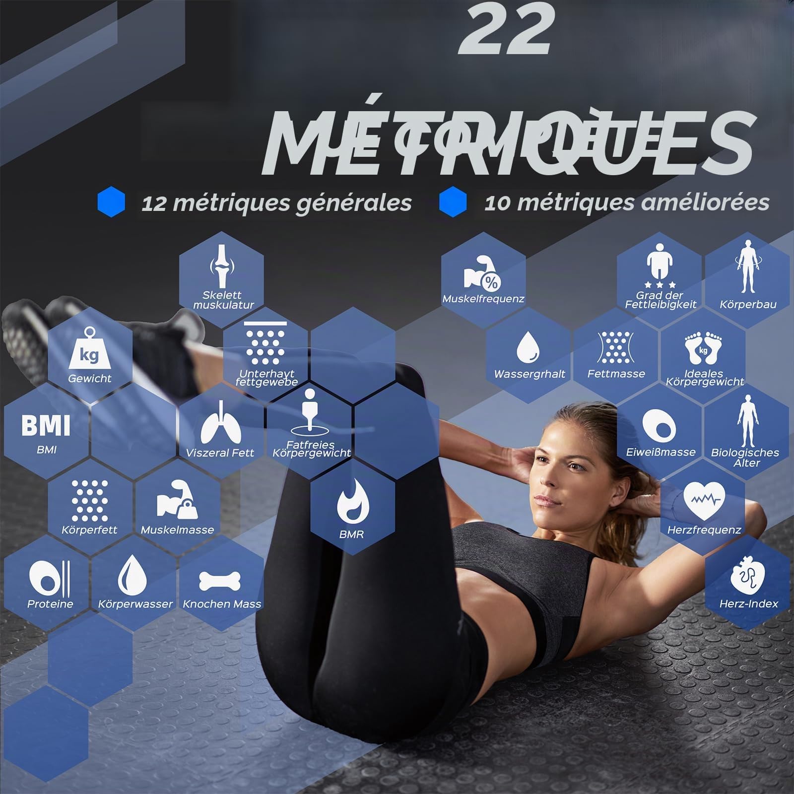 Balance Pese Personne Connectée Impédancemètre, 4,68" Grand écran VA, 22 Métriques, Fréquence Cardiaque, Balance Masse Graisseuse et Musculaire, Port Type-C, App Android/iOS, 180kg/400lb