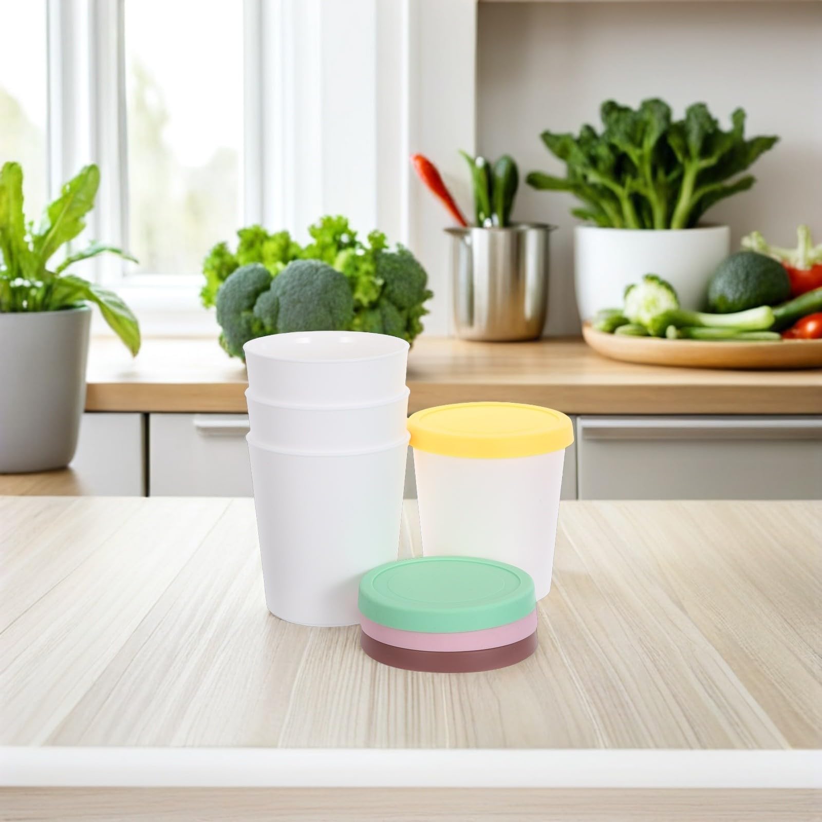 Set da 4 Contenitori per Gelato da 1l in Silicone e Pp con Coperchio, Riutilizzabili, Sicuri per Freezer e Facili da Pulire, per Conservare Gelato Fatto in Casa