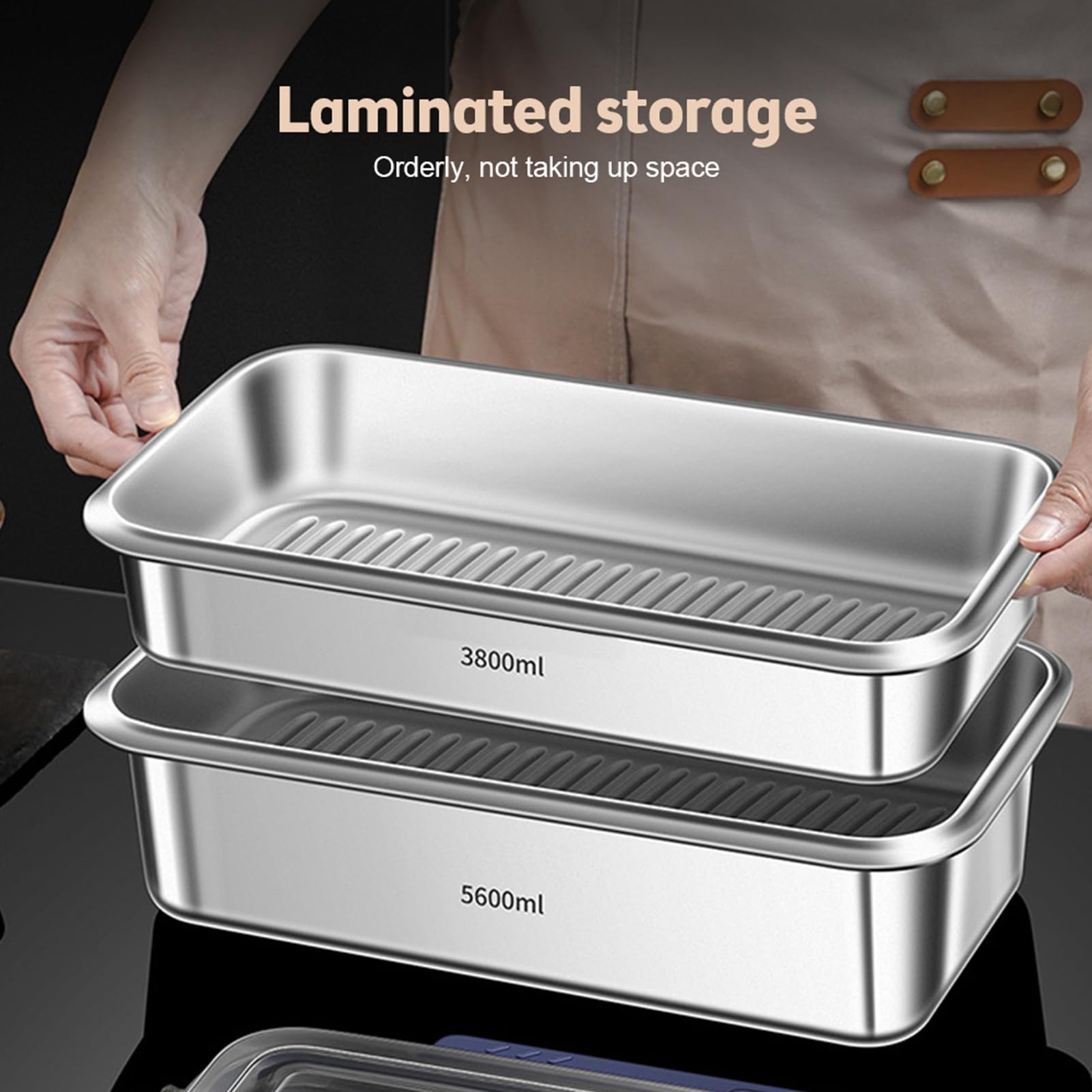 Kavolet Recipiente hermético de acero inoxidable de 5,6 l con tapa, hermético, a prueba de fugas, caja de almacenamiento de alimentos con indicador de fecha, anillo de sellado, mango oculto, apto para