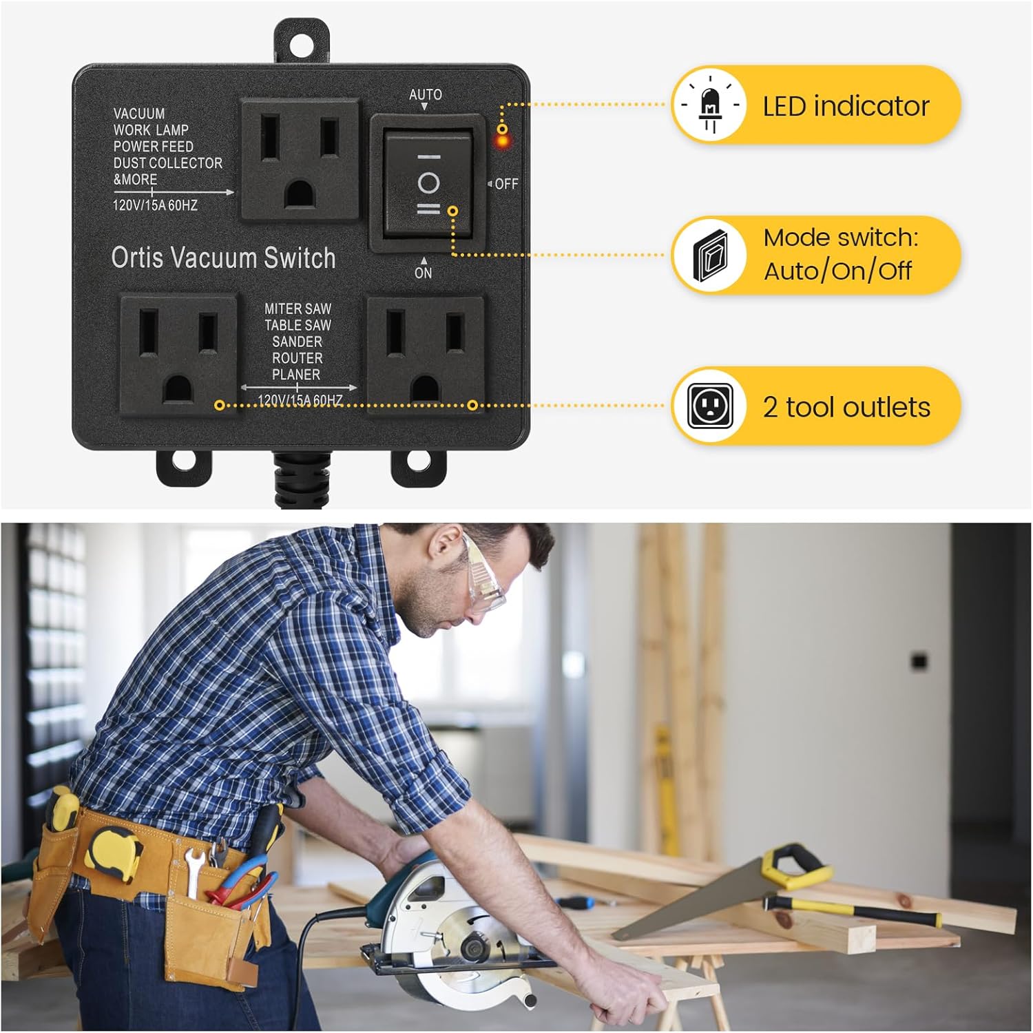 Automatic Vacuum Switch, Ortis Vacuum Switch for More Power Tools, Delay Vacuum On/Off to Prevent Circuit Overload and Tripping, Keep Your Workplace Cleaner, Better for Your Lung, Black - Image 2