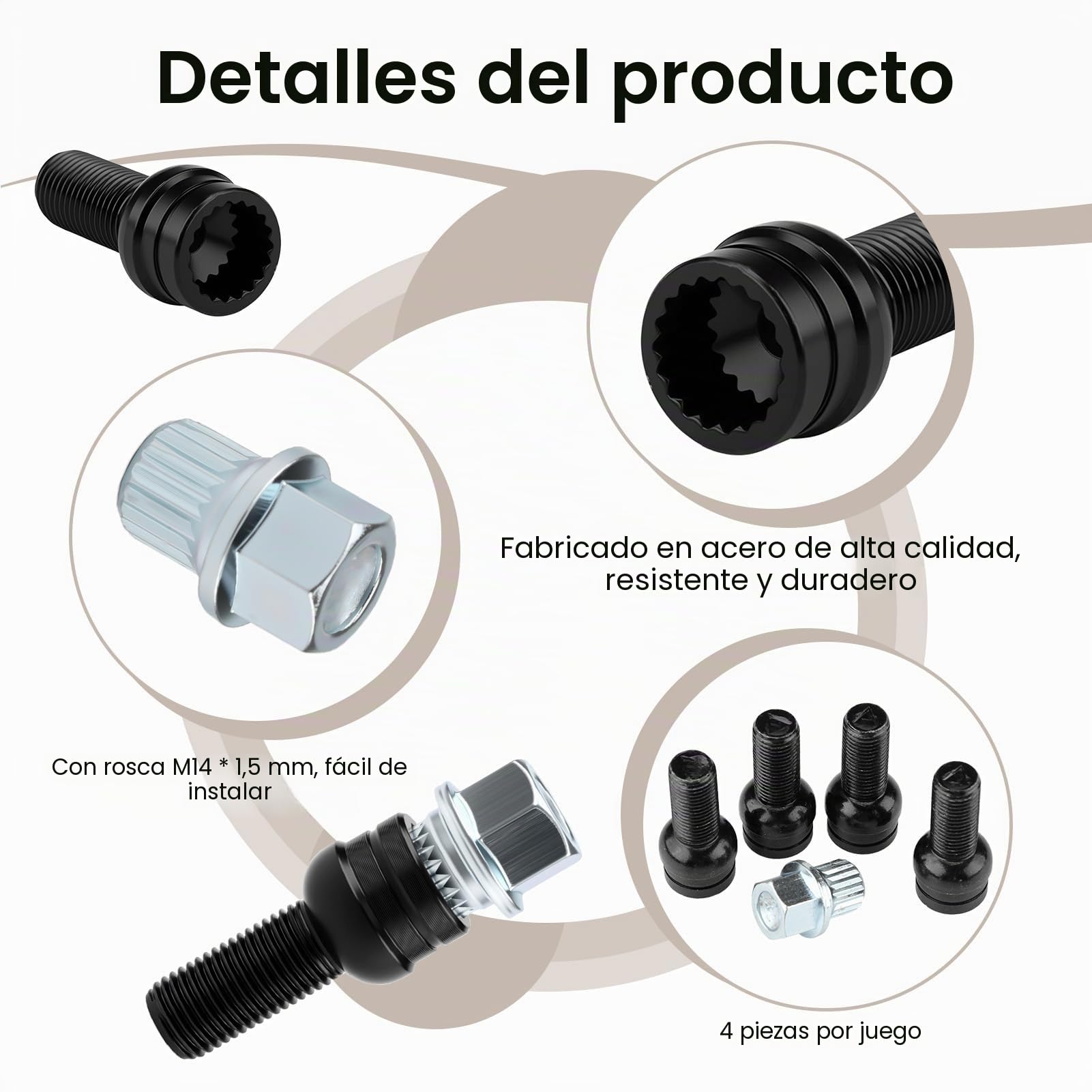 4 x Tornillos Antirrobo Coche M14 x 1,5 mm con Llave Especial, Juego de Pernos de Rueda de Acero al Carbono para Protección de Neumáticos, Compatible con Golf Passat Jetta