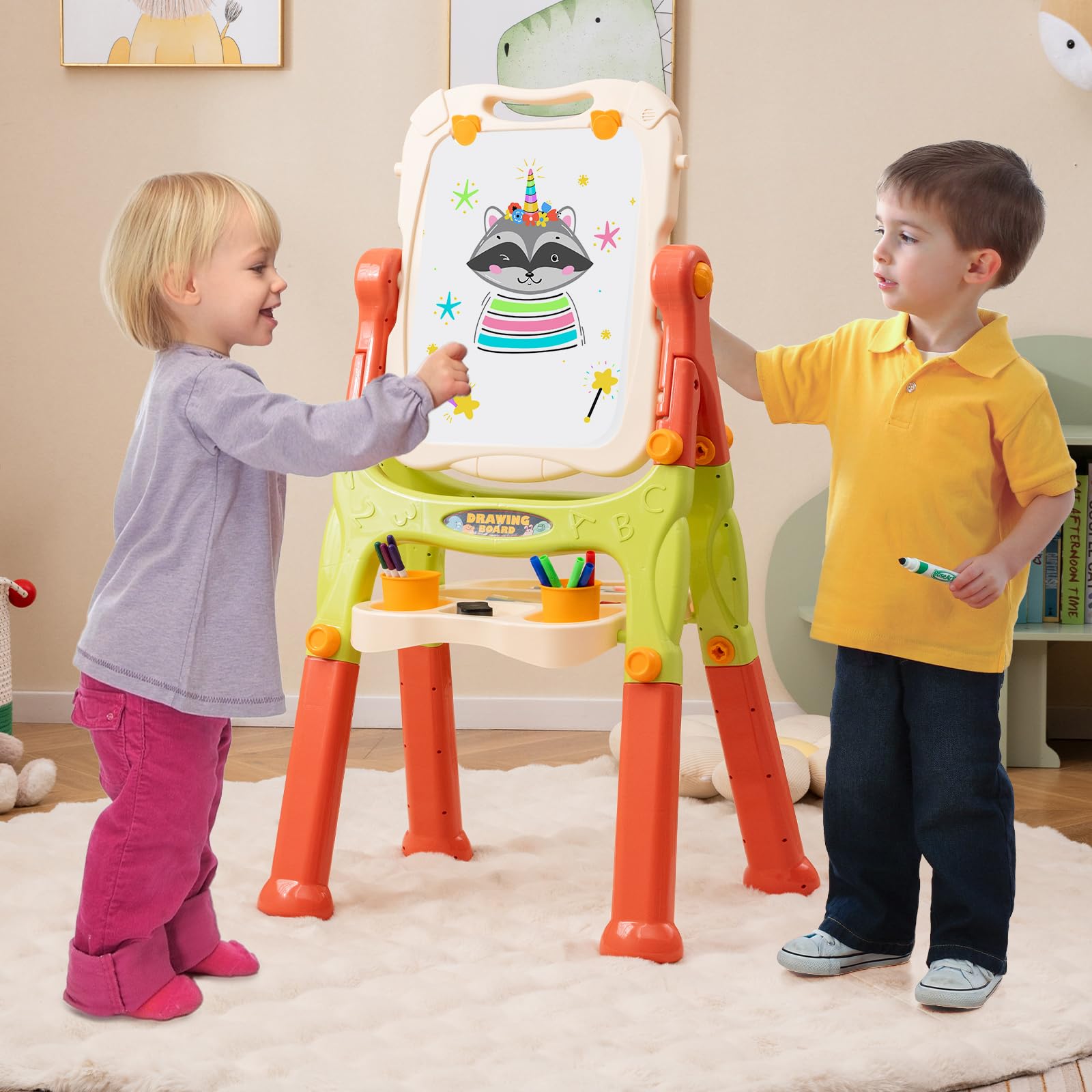 COSTWAY Tafel Kinder, doppelseitige Kindertafel höhenverstellbar mit Whiteboard & Kreidetafel, Standtafel Kinder, Spieltafel Magnettafel ab 2 Jahren (Grün+Orange)