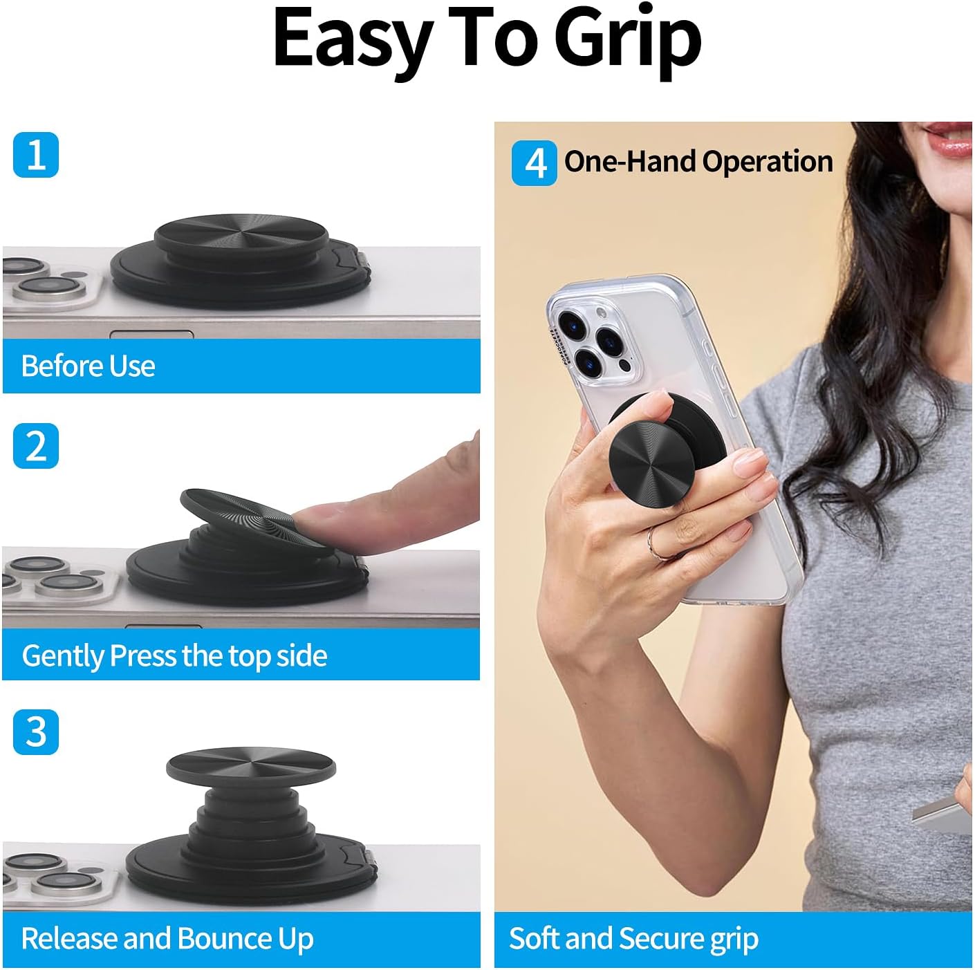 Cell Phone Grip for Magnetic with Kickstand, Secure Hold for iPhone Magnetic Cases, Adjustable Foldable Desktop Phone Holder Cradle Dock Compatible (Black CD Pattern)