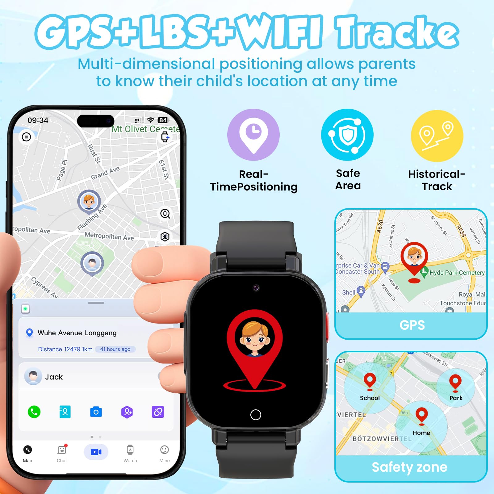 4G Smartwatch Bambini con GPS e Telefono, Orologio Smartwatch Bambini con Videochiamate, Chat Vocale, Modalità Scuola, SOS, Contapassi, Orologio Intelligente Regalo Ragazzi Ragazze 4-12, Nero