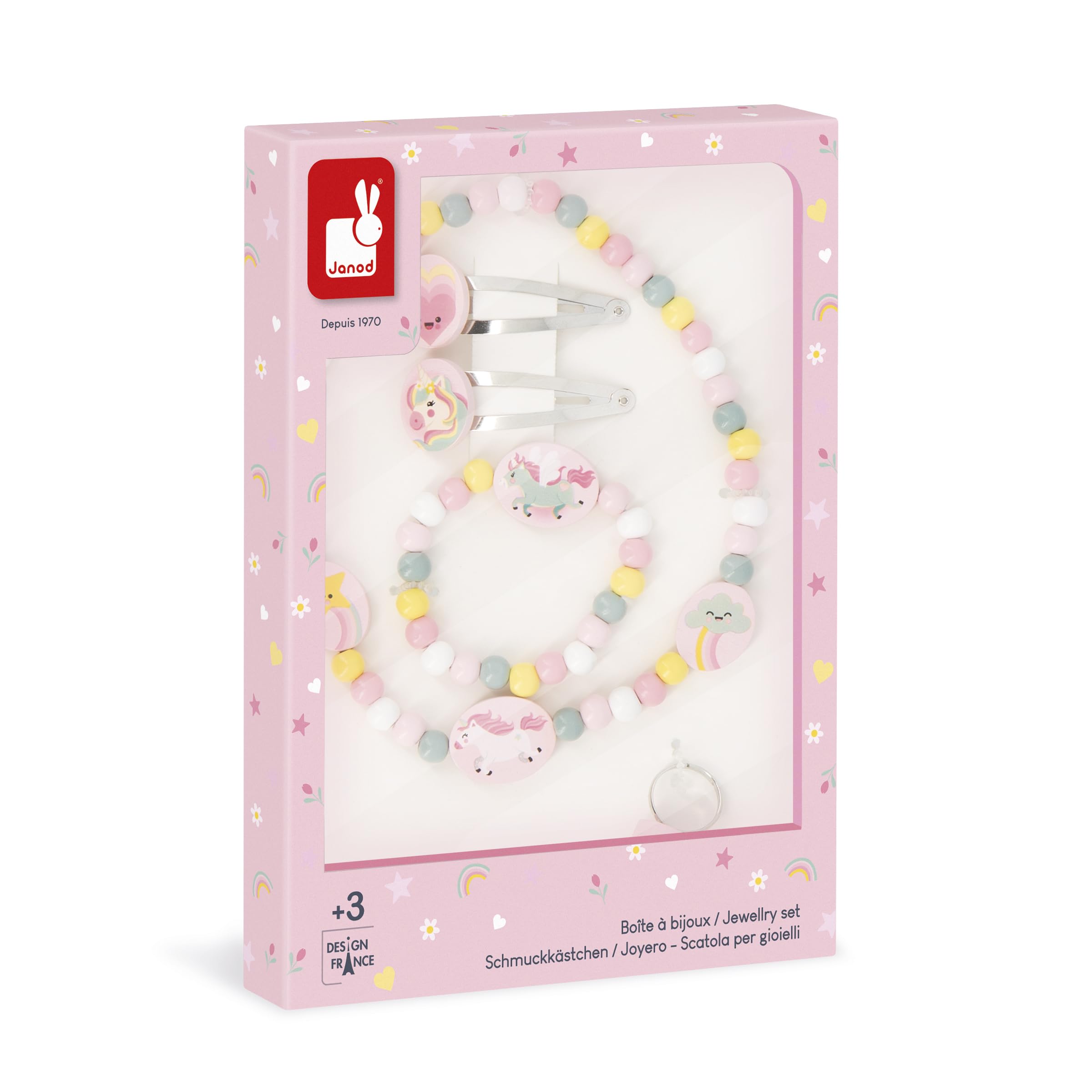 Janod Set de 5 Joyas de Madera Unicornios - 1 Collar, 1 Pulsera, 1 Anillo y 2 Clips - Joyas de Madera y Metal FSC - Accesorio de Moda - A Partir de 3 Años - J08880