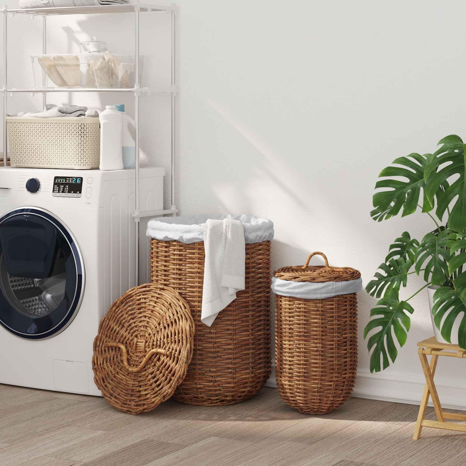 Generico Wäschekorb 2 Stück Braun Rattan Kubu mit Deckel, Set mit 2 Wäschekörben aus Naturfaser mit Belacu-Stoffbezug und Griffen, Größe 42 x 60 cm