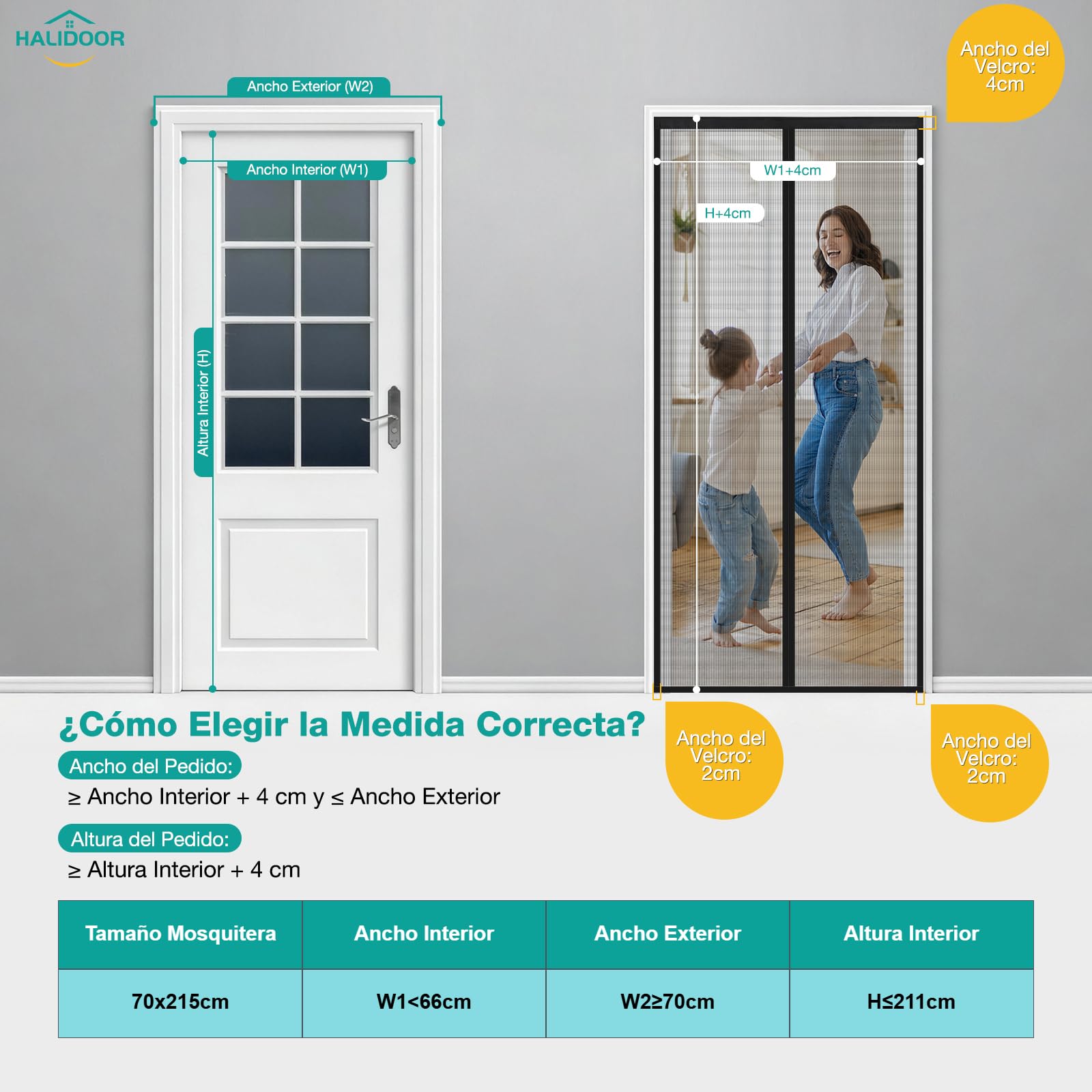 HALIDOOR Mosquitera Puerta Magnética 70x215 cm Negra, cortina mosquitera con imanes, Cierre Automático sin Taladrar, Malla Fina, Poliéster Resistente para Puerta Exterior, Balcón, Salón y Entrada — view 4