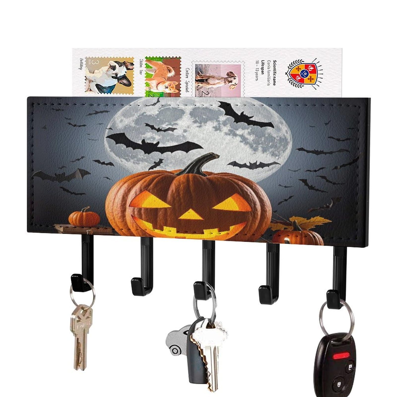 Fekiloot Black-Style Halloween Moon Bat Pumpkin Key Holder Wall Mount Key Hanger With 5 Hooks Decorative Key Rack Hanging Key Hooks With Mail Organizer Key Holder For Wall Living Room Kitchen Bathroom Hallway Black