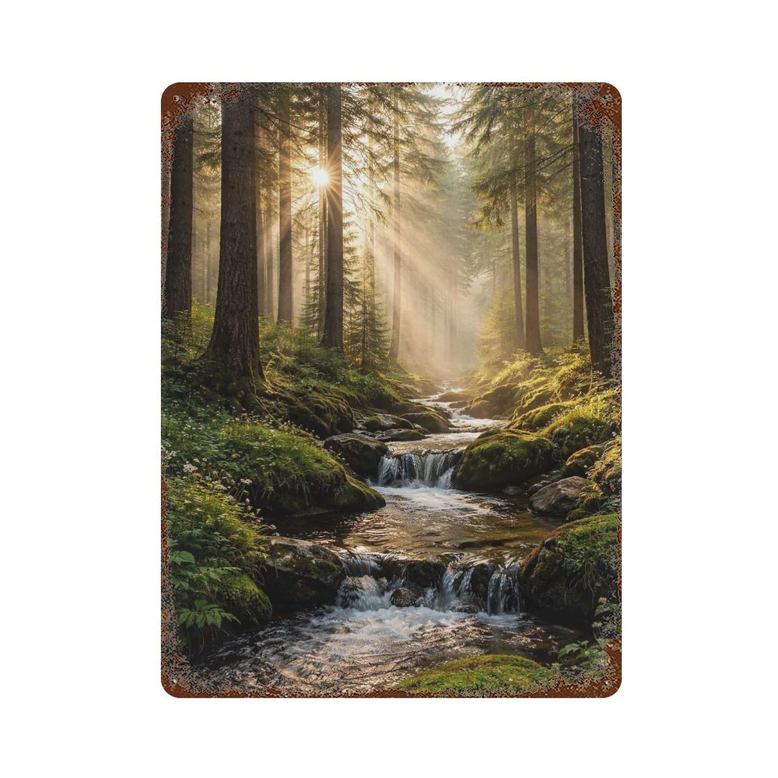 Weathered Tin Sign with Sunlit Forest Stream Design 15.7"x11.8", for Office, Studio And Wall Decor, Retro Wall Decor