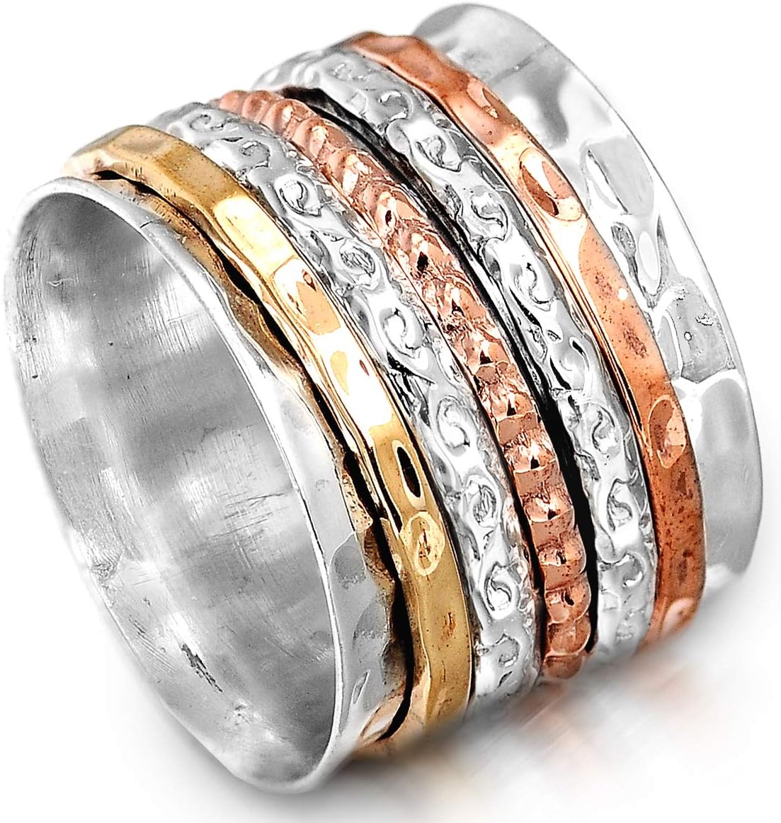 Boho-Magic925 Sterling Silver Spinner Ring for Women with Copper and Brass Bands – Handmade Silver Band Ring for Everyday Wear, Comfort, and Style