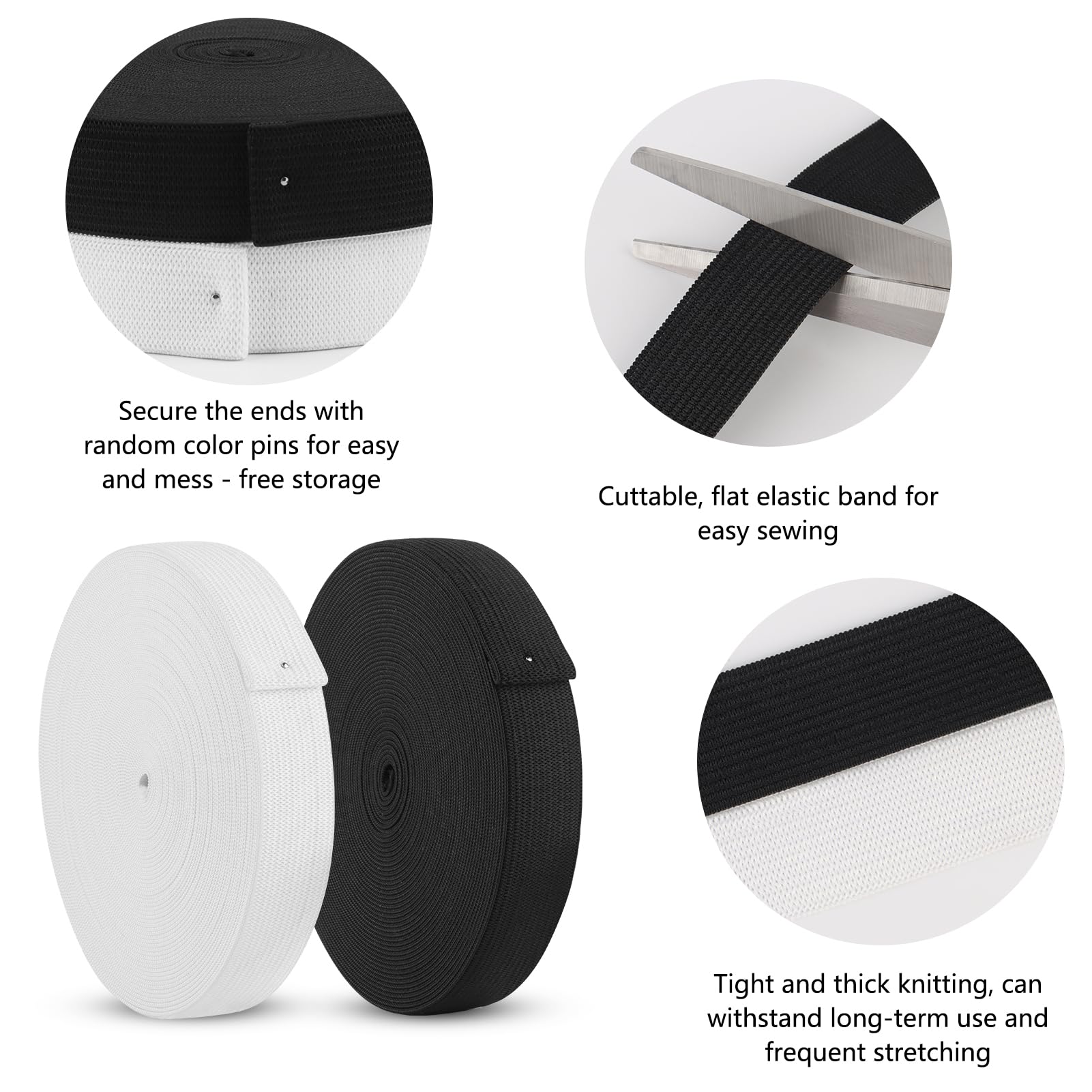 2 Rouleaux Bande Élastique Couture 20mm X 10m - Noir Et Blanc, Élastique Large Robuste Pour Vêtements