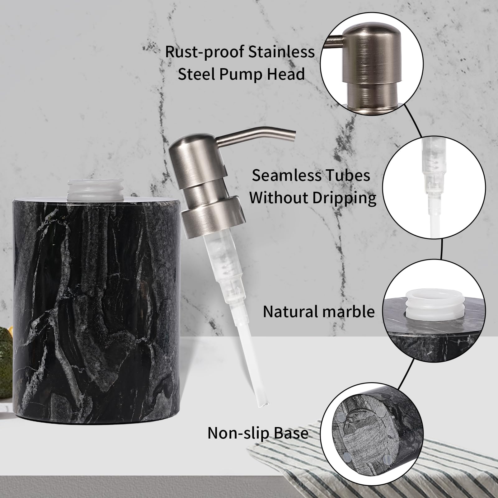 Dispenser di sapone in marmo nero con pompa in acciaio inossidabile per piano di lavoro della cucina del bagno - Dispenser per lozione e liquido