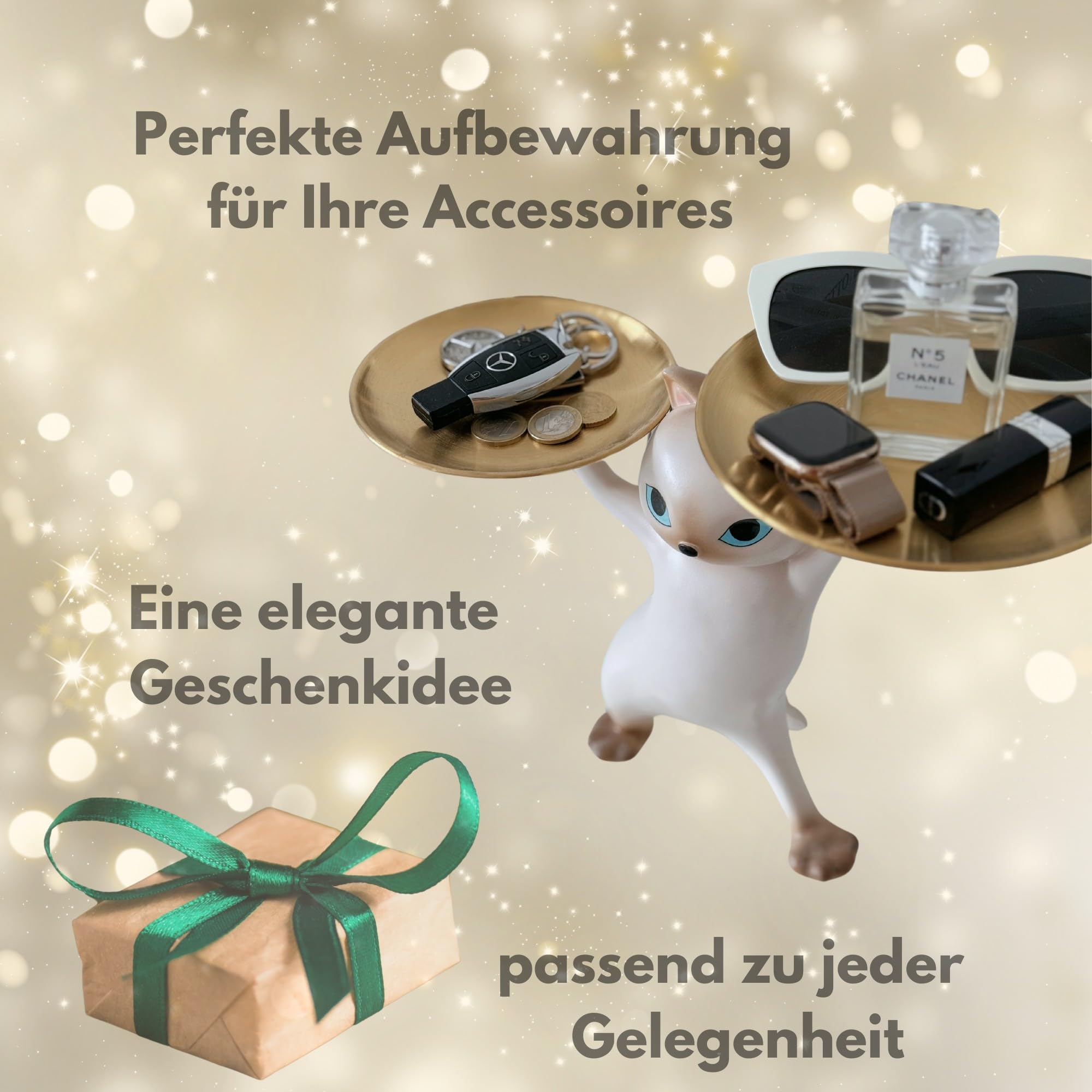 Elegante Katzenfigur Schlüsselschale für tischdeko - Skulptur Deko für Büro deko - deko Flur - Praktische Ablage für Schlüssel, Schmuck und Kleinigkeiten - Geschenk für Katzenliebhaber (Grau)