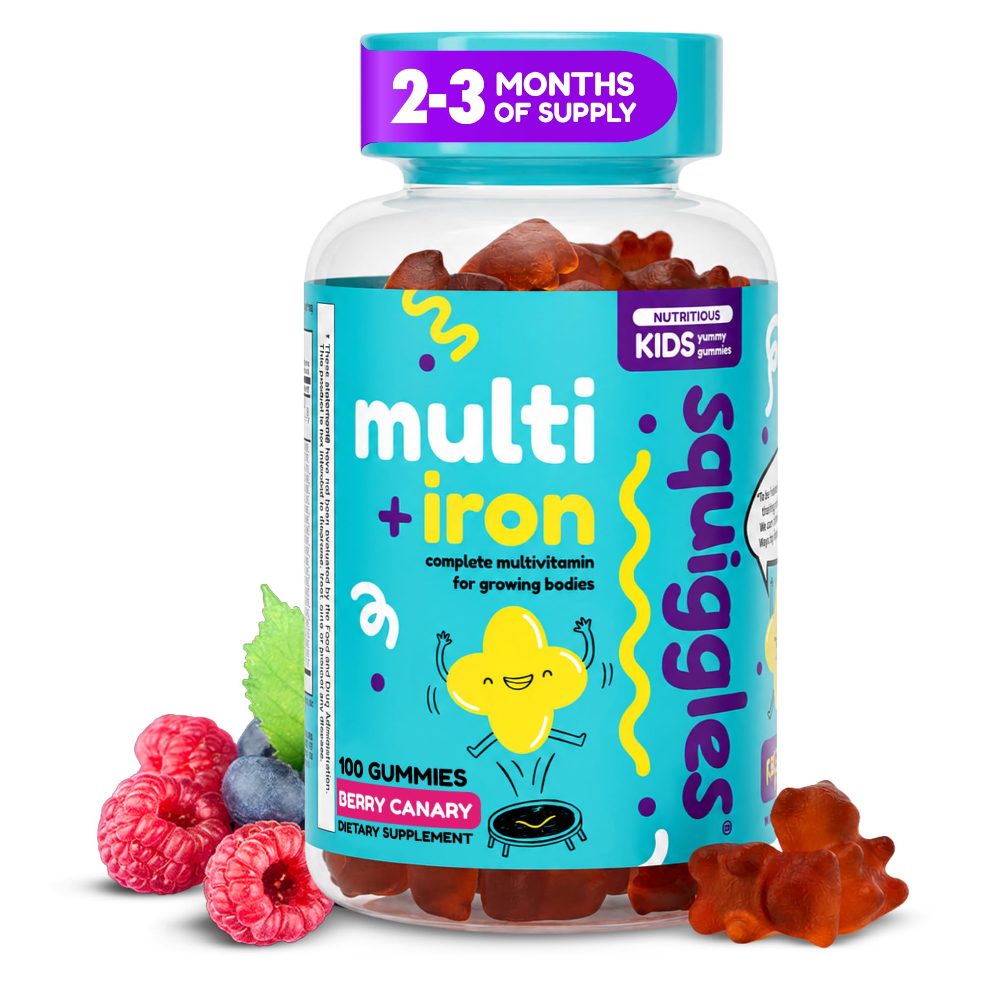 Squiggles Kids Multivitamin + Iron Gummies, Low Sugar Gummy Vitamins, 100ct | Kids Multivitamin with Iron Gummies, Chewable T