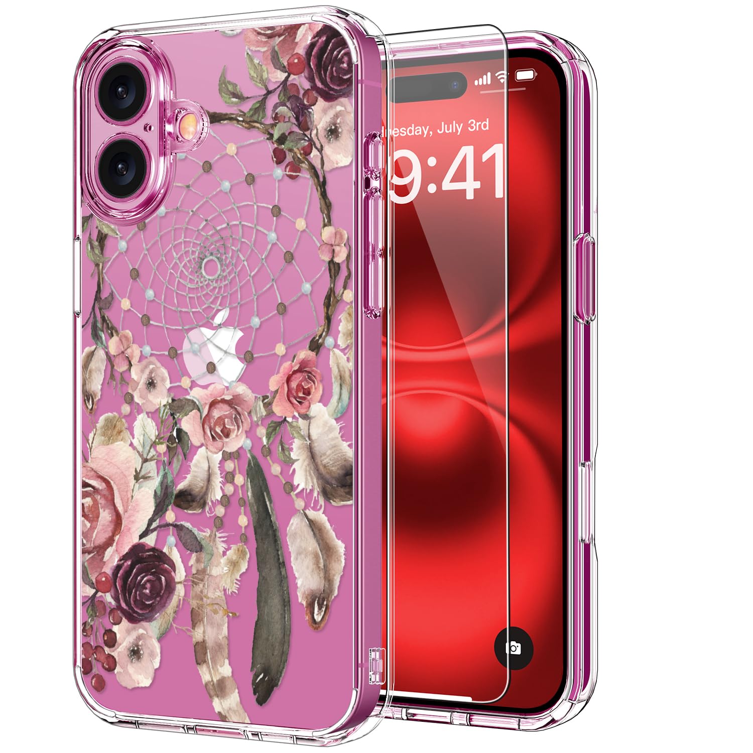 ICEDIO for iPhone 16 Case with Screen Protector-Clear with Fashionable Trendy Patterns-Designed for Girls and Women-Slim Fit Cover-Protective Phone