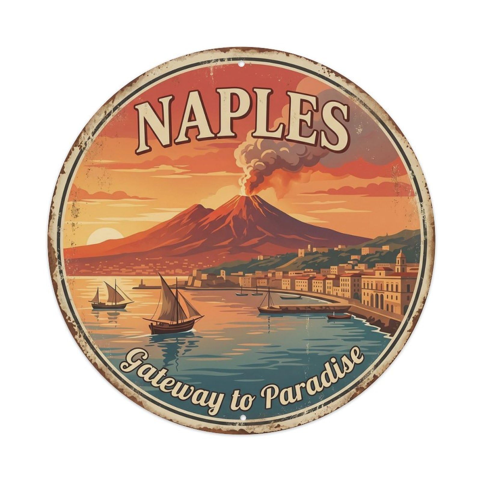 Vintage Travel Vesuvius Naples Italy Metal Tin Sign