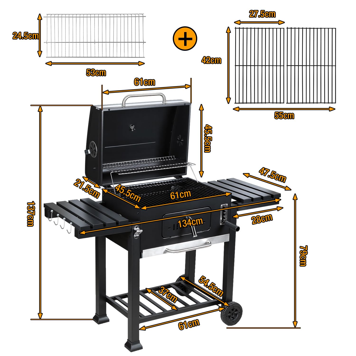 Barbecue a carbonella BBQ XXL Smoker con coperchio, ciotola carbone regolabile, carrello, forno affumicatura, manico in acciaio inox, termometro