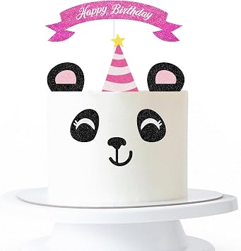 Panda Happy Birthday Cake Topper,Handmade Panda Ears Eyes Cake Set Cake Decorations,Animal Zoo Themed Panda Bear Baby Shower Birthday Party Decorations