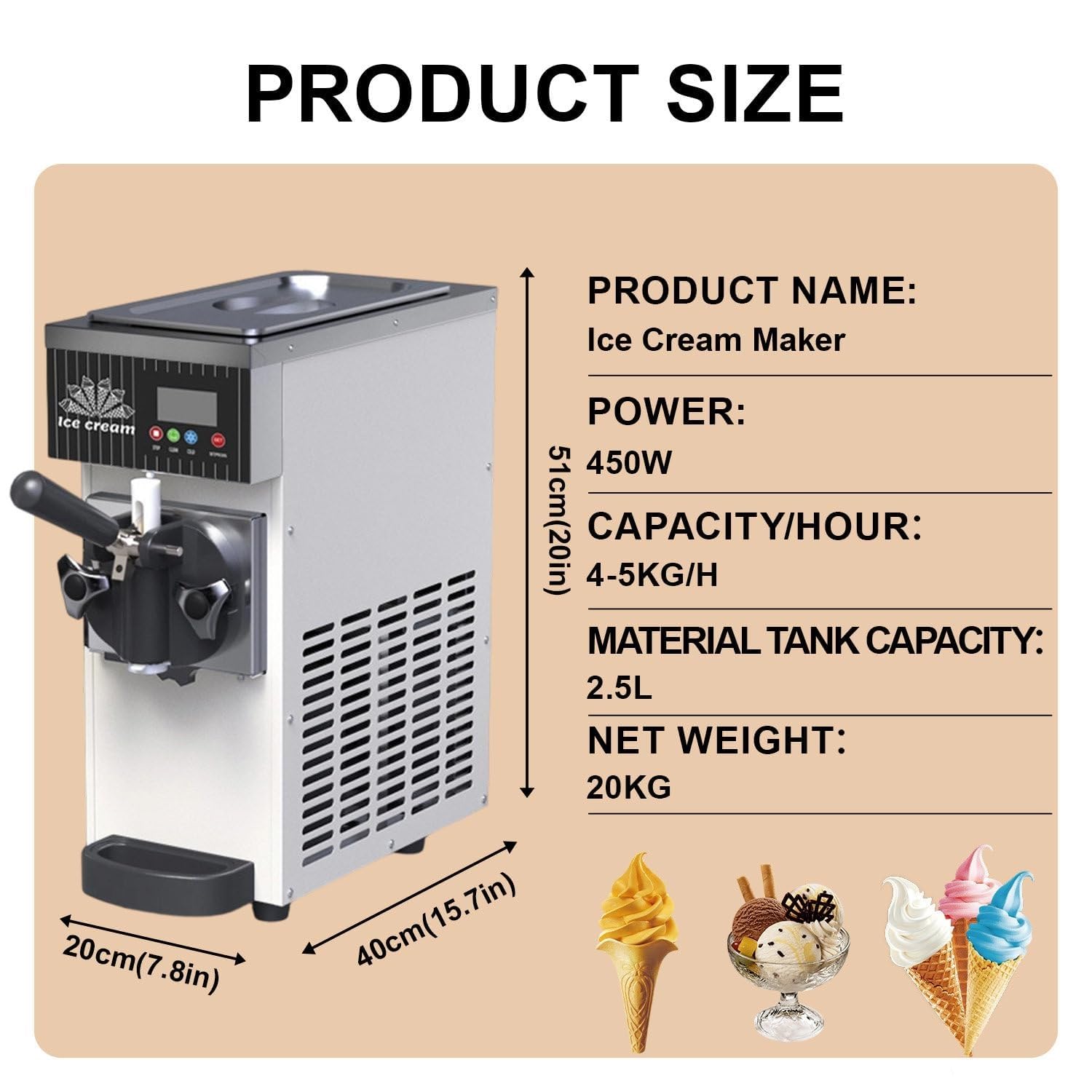 Máquina De Helados Profesional Soft Serve - 450/750W, Capacidad 2.5L/3.5L, Preenfriamiento, Limpieza Automática, Pantalla Táctil LCD, Heladera Comercial Para Heladerías Y Cafeterías(White,450W)