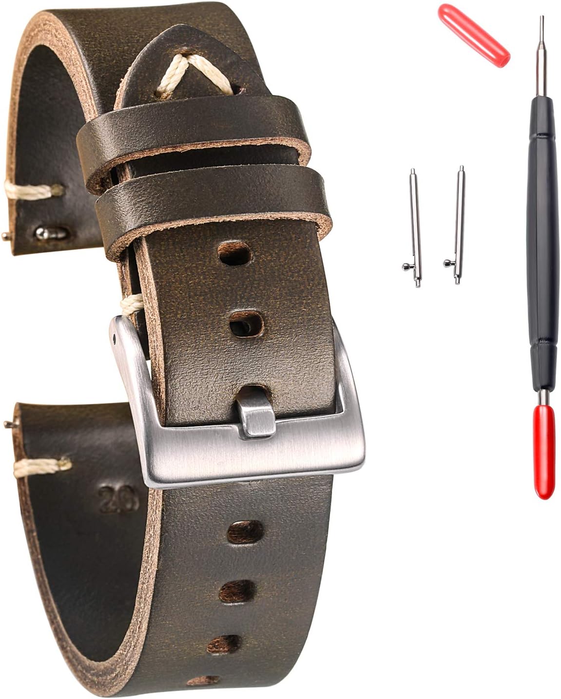 Leather Watch Bands, Horween Leather Watch Strap for Men 18 19 20 21 22 24mm Quick Release Handmade Vintage Replacement Wrap