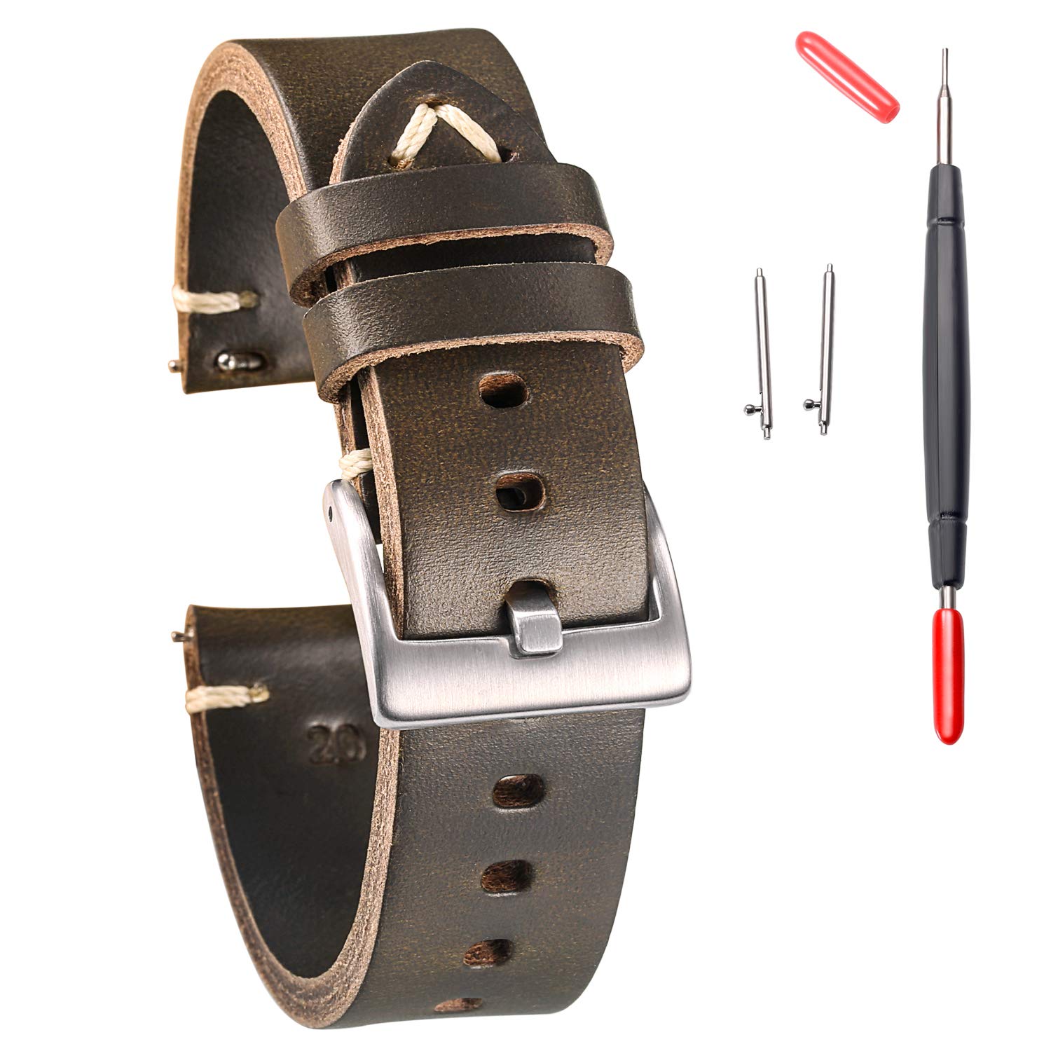 hemsut h Leather Watch Bands, Horween Leather Watch Strap for Men 18 19 20 21 22 24mm Quick Release Handmade Vintage Replacement Wrap