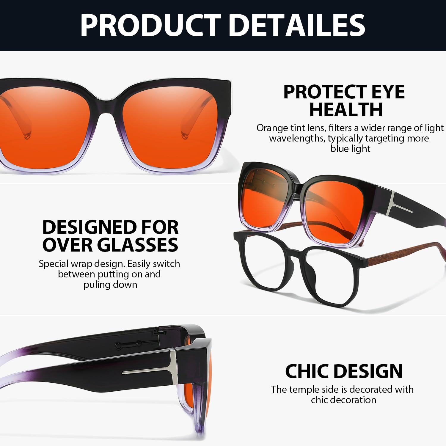 VIEWBETTER® Lunettes anti-99,99 % de blocage de la lumière bleue sur les lunettes, lunettes de jeu surdimensionnées pour ordinateur Orange ambré