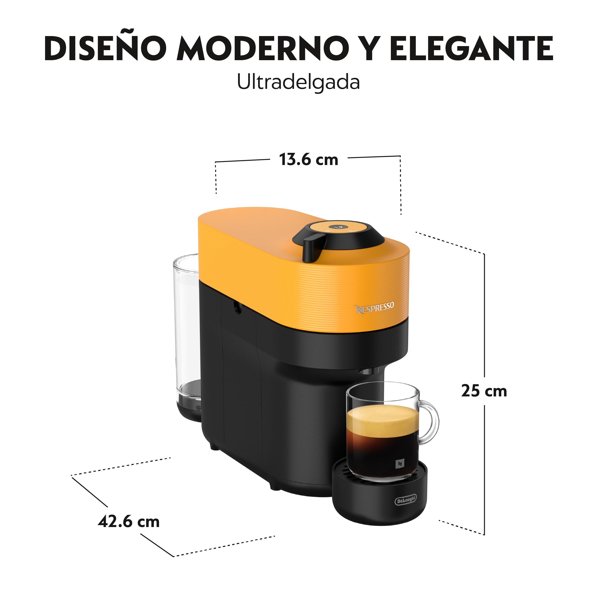 Nespresso De'Longhi Vertuo Pop ENV90.Y, Cafetera Automática, Máquina de Café de Cápsulas, 4 Tamaños de Taza, Tecnología de Centrifugado, Set de Bienvenida Incluido, Amarillo Mango