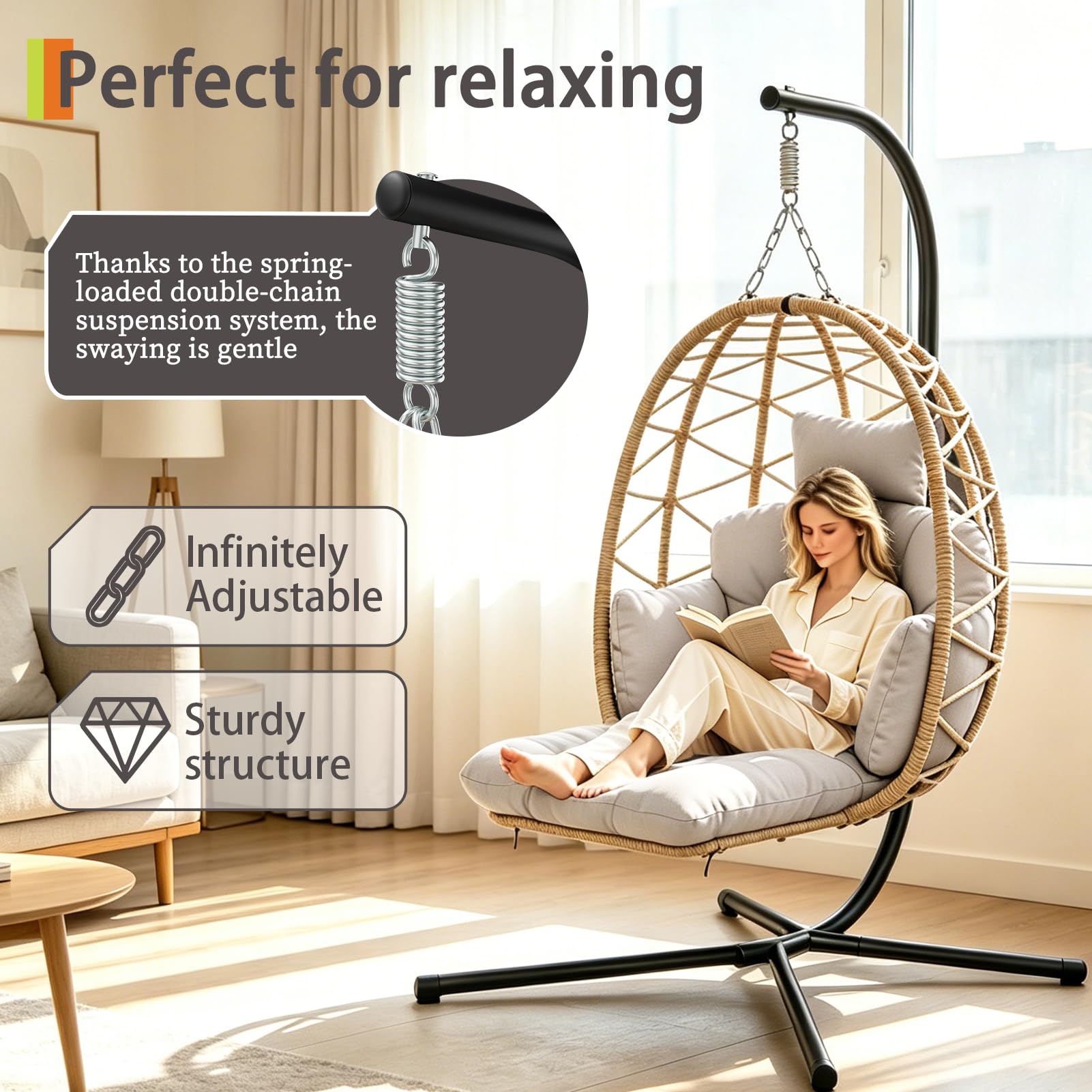 Hängesessel mit Gestell, Hängekorb Sessel mit Fußablage und Dicke Kissen, Outdoor oder Indoor Rattan Hängesessel, Möbel für Garten, Balkon, Wohnzimmer, Belastbar bis 150kg (Gray)