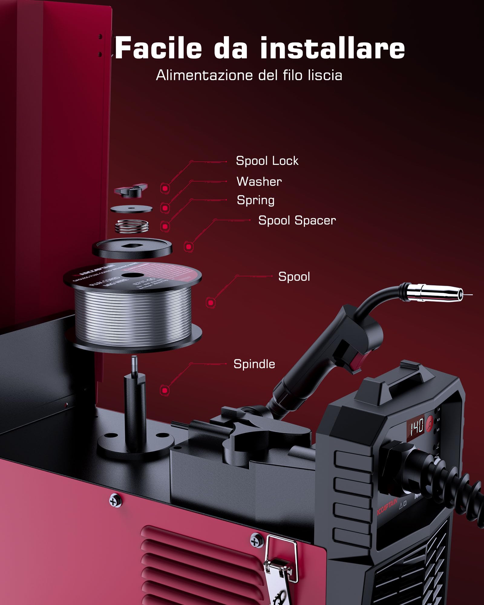 ARCCAPTAIN Saldatrice MIG MAG a Gas Inerte IGBT 140A AC230V Saldatrice a Filo Continuo 5 in 1 con filo animato (FCAW) /MMA E-Hand/Lift TIG con avanzamento filo sinergico e 1 kg di filo animato 0,8 mm