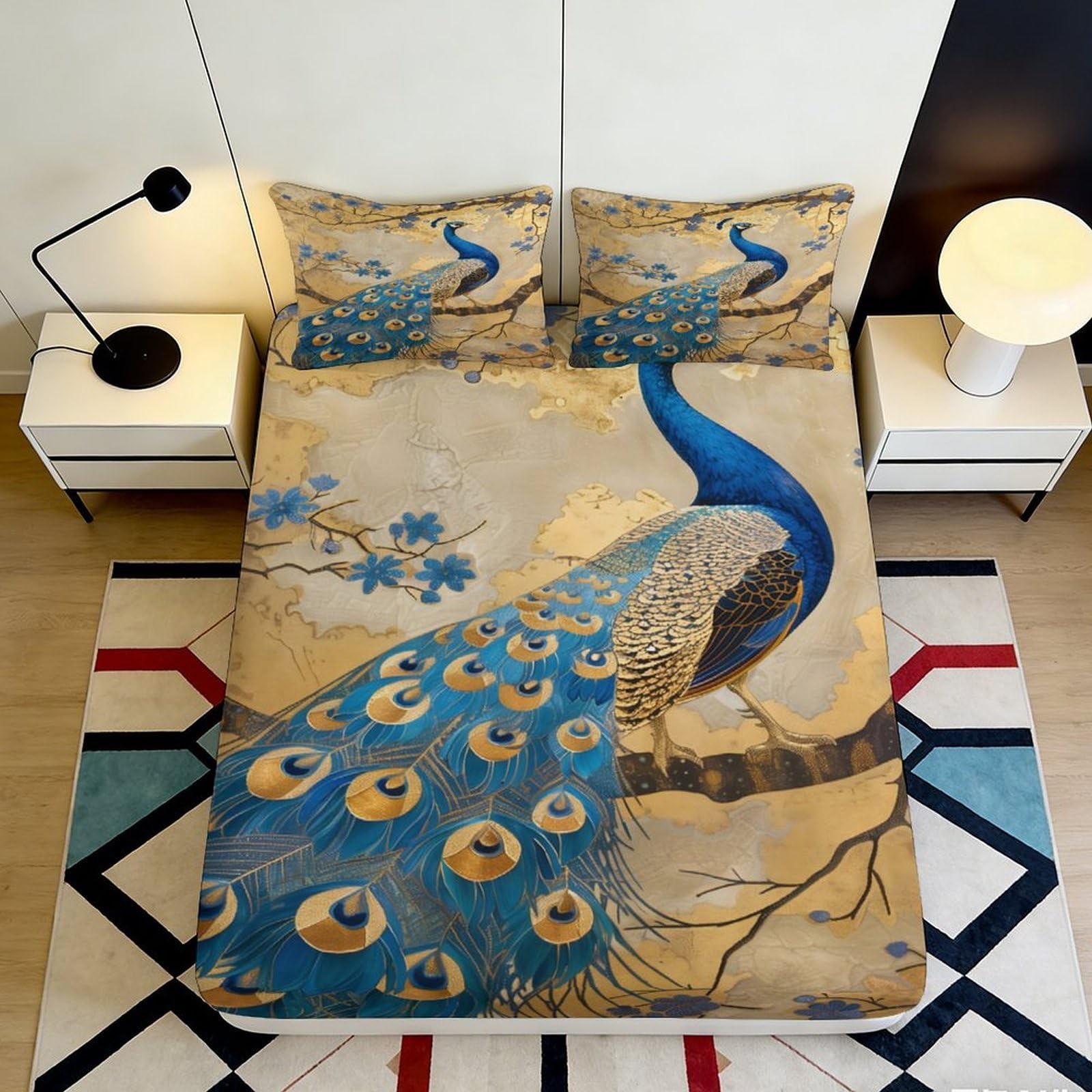 Qjzxknhpgr Style-1 3D Printed Blue Peacock Fitted Sheet Microfiber Soft Non-Slip Golden Feather Mattress Cover For Bedroom Dorm Decor 90X200x25cm