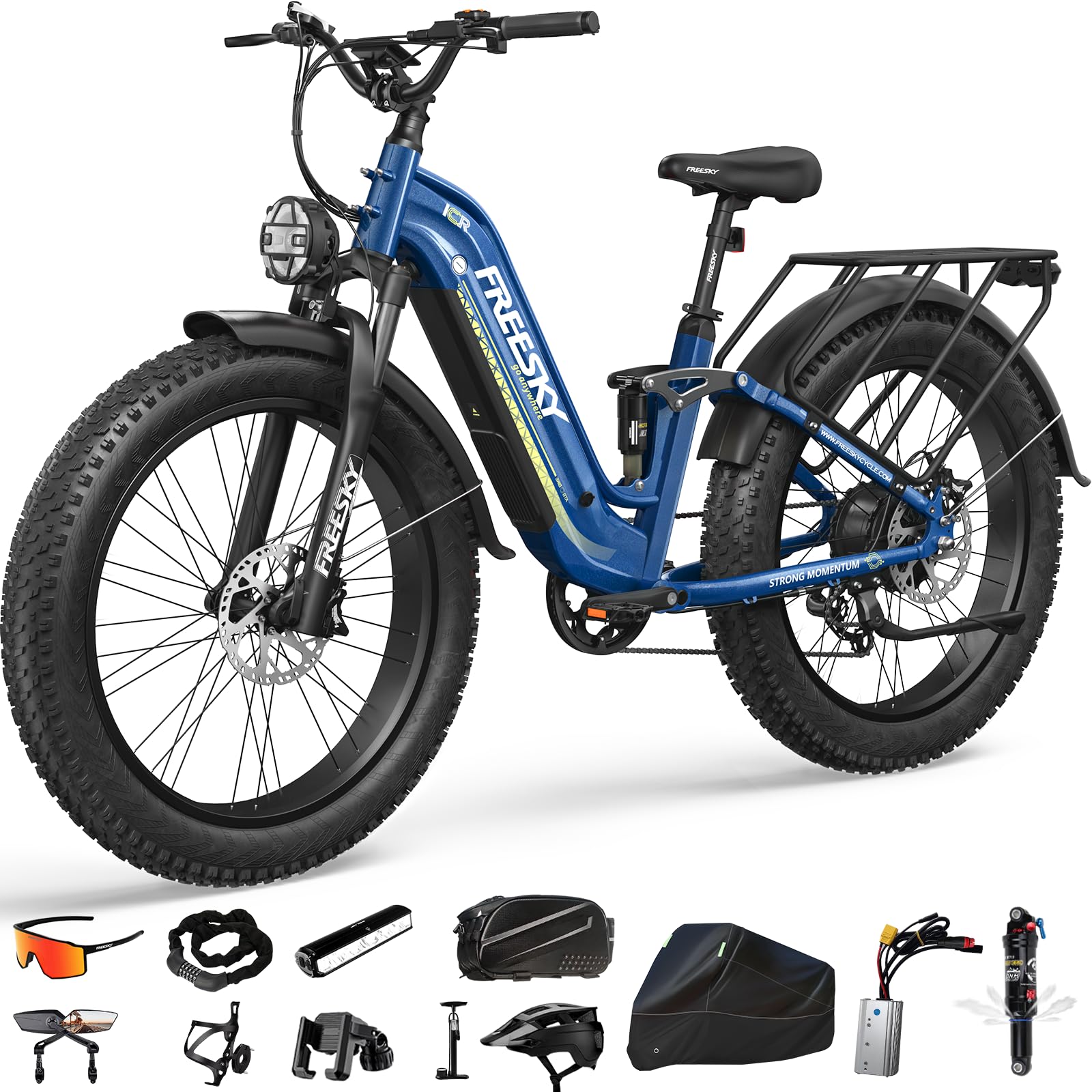FREESKY Electric Bike for Adults,105mile Long Range Ebike, 2000W Motor 37MPH Fast Step-Thru E Bike 25Ah Samsung Cells Battery Full Suspension Electric
