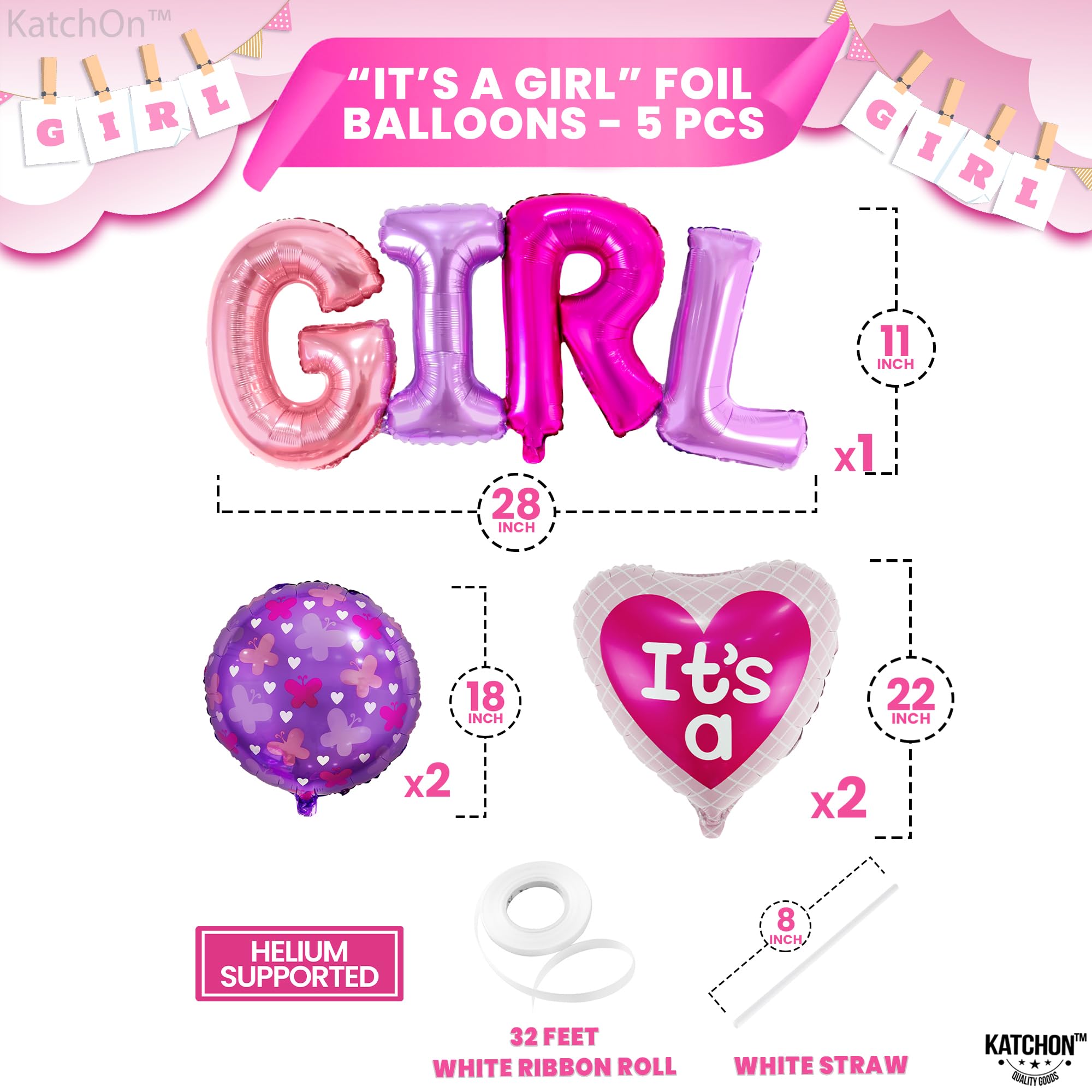 Baby Girl Balloon Set - 30 Inch 'It's A Girl' Foil Balloons For Baby Showers & Gender Reveals (Pack Of 5) - View #9