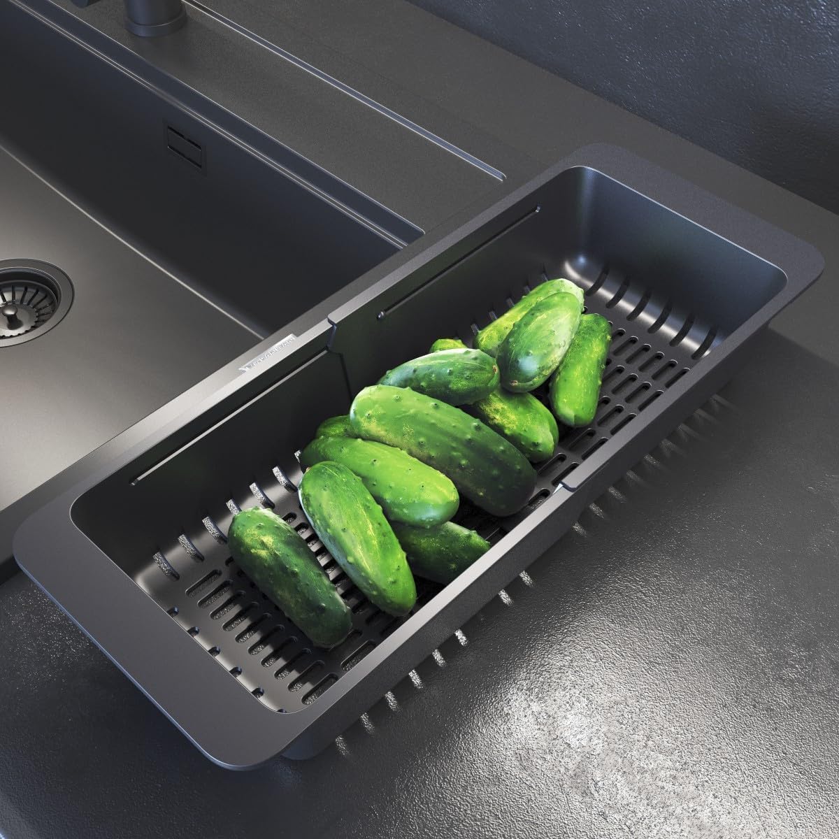 Cestino per Lavandino Cucina per Frutta e Verdura - Regolabile (32-46 cm) Gocciolatoio per Lavello - Scolapasta da Lavello - Nero - Granitan