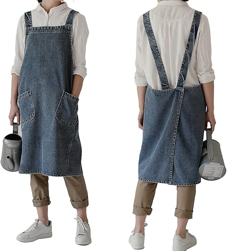 NEWGEM Delantal de mezclilla de algodón con bolsillos para mujer, cocina, cocina, jardinería, pintura