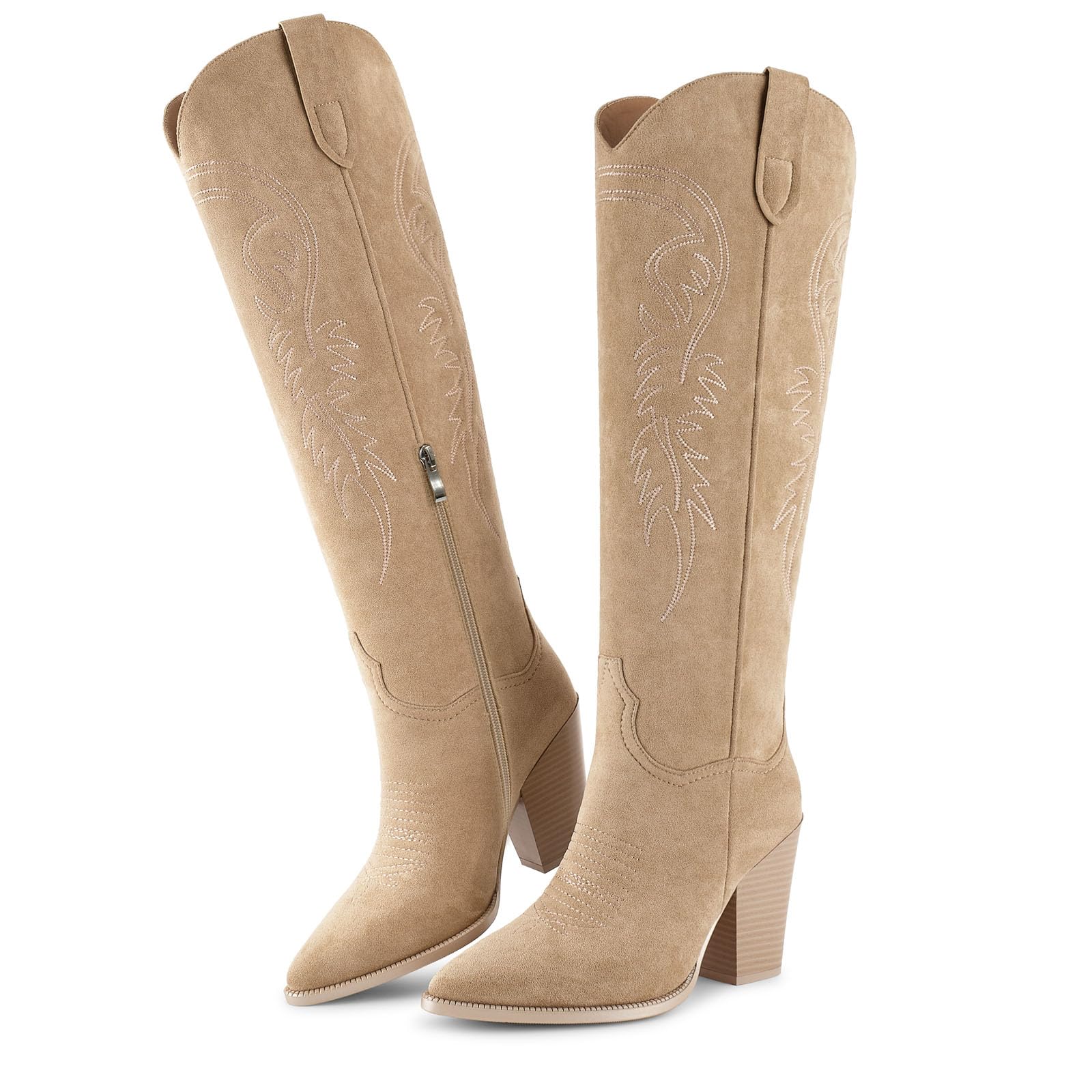 ISNOM Women's Cowgirl Boots Pull On Knee High Boots, Cowboy Western Embroidered Chunky Block Heel Pointed Toes Boots: 9 Suede Nude