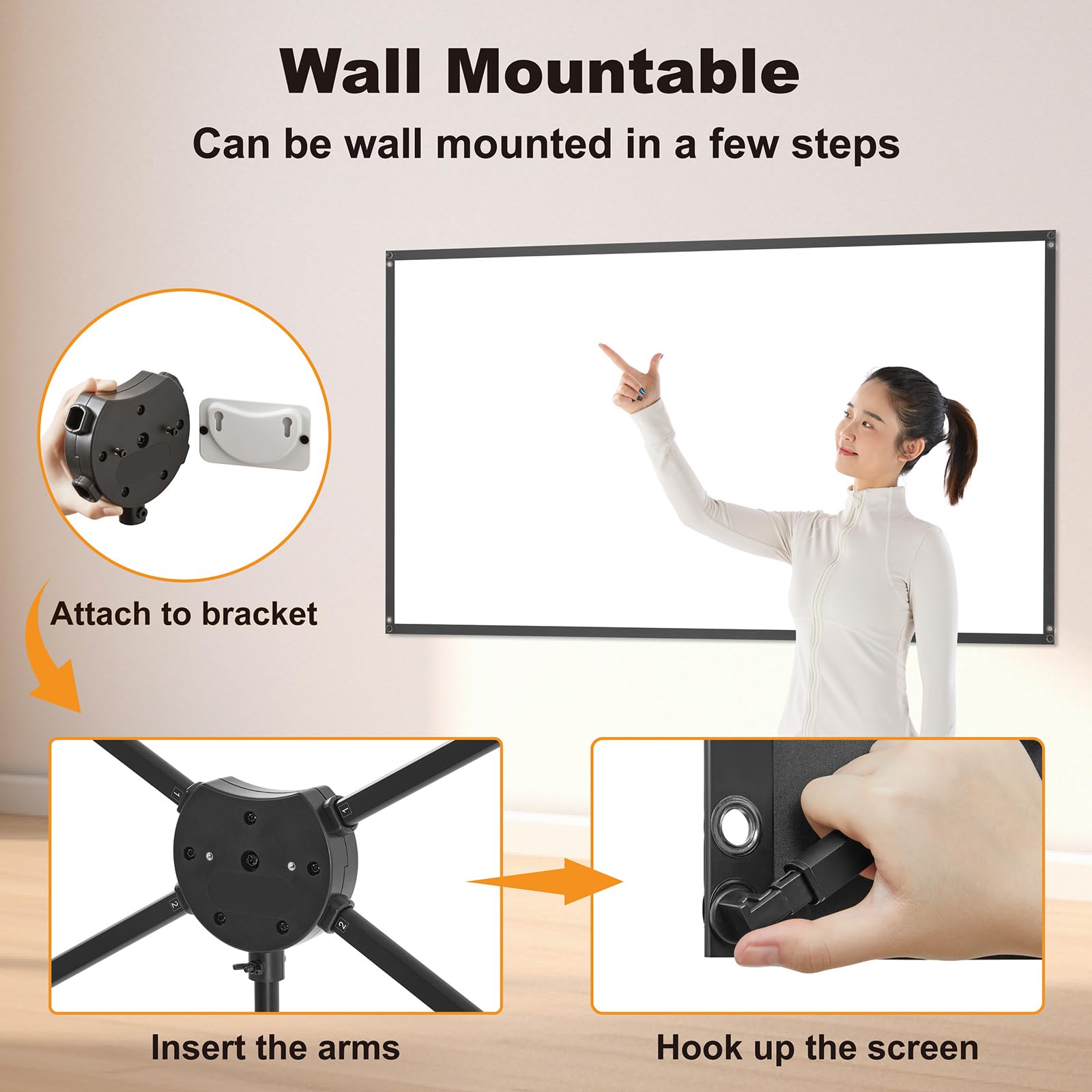 Schermi di Proiezione Esterno, 90 Pollici (16:9), Schermo con Supporto, Design Antivento per Proiettore Portatile, con Corde e Picchetti, Alto Guadagno, Immagine 4K per Home Theater e Campeggio.