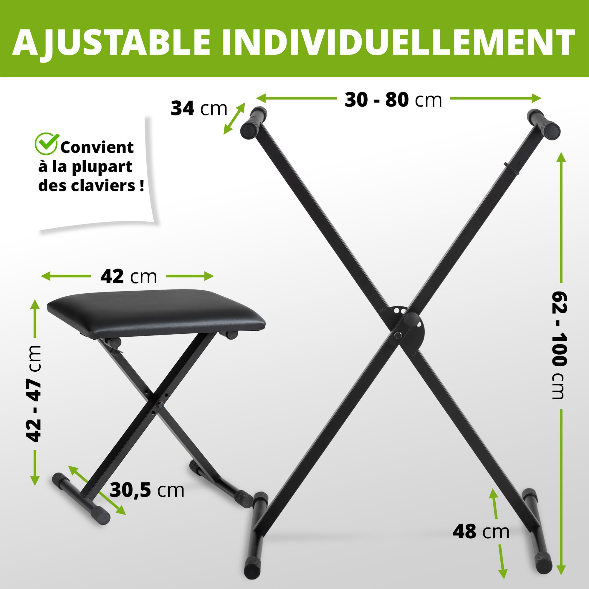 Classic Cantabile Set Clavier Support X-Keyboard 5 Positions réglables en Hauteur - Banc Clavier rembourré 3 Positions réglables – Support Pliable Stable et Tabouret Confortable - Noir