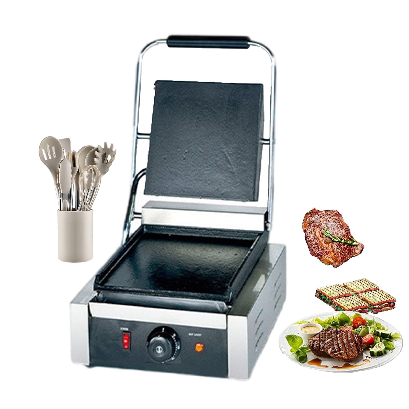 Elektryczny Grill Do Kanapek 1800 W / 2200 W, Komercyjny Toster Do Kanapek, Gofrownica I Nieprzywierająca Płyta Grillowa Do Steków, Kalmarów, Naleśników (Z 9 Naczyniami Kuchennymi),1800W