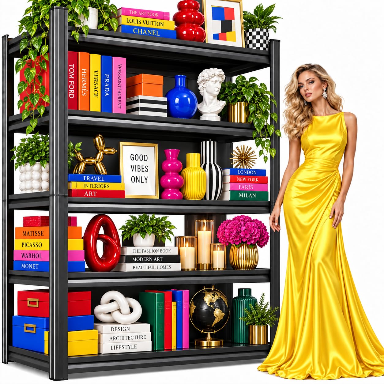 Book Shelf, Adjustable Tall Bookcase, No-Assembly-Required Metal Bookshelf
