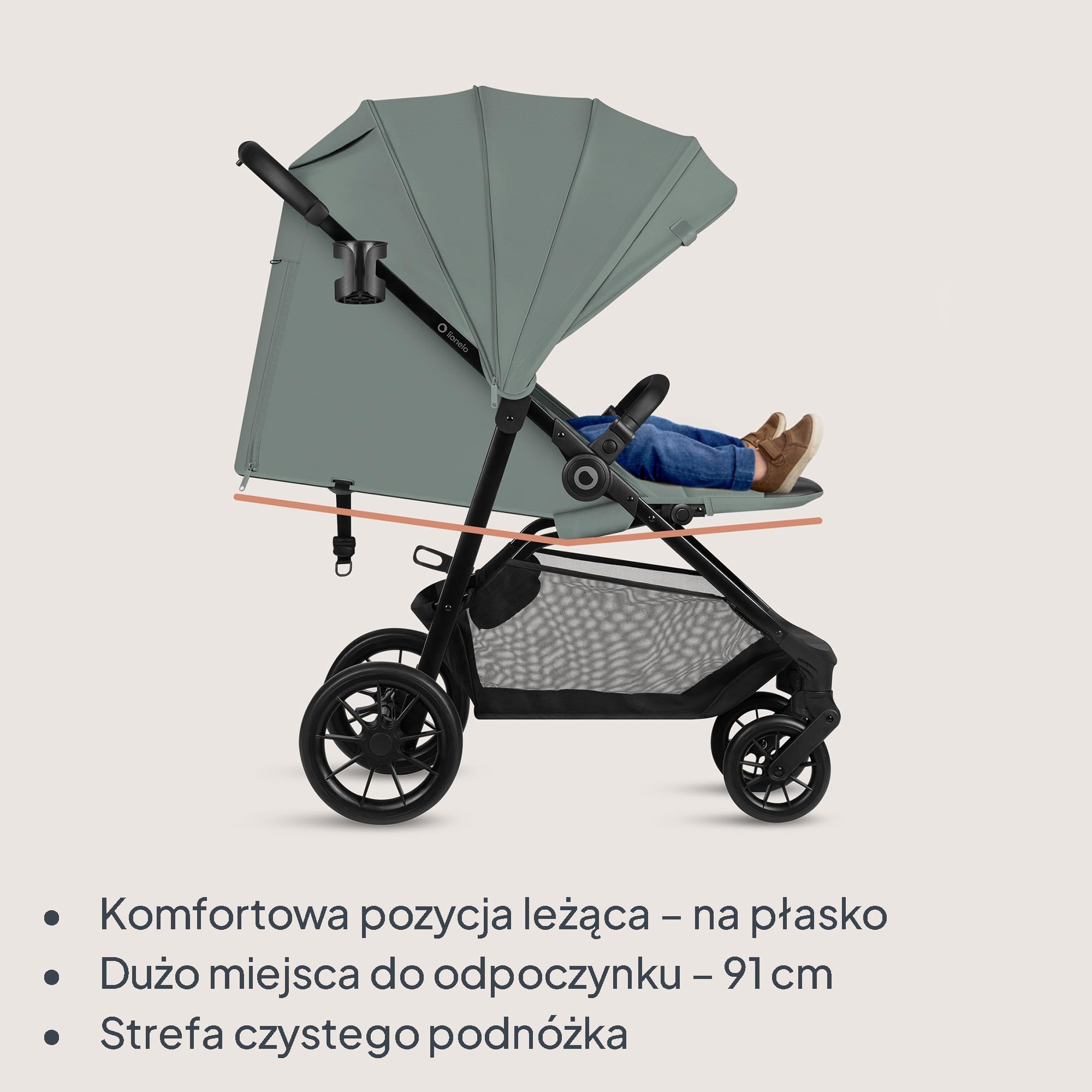 Lionelo Emerald Buggy do 22 kg, 6 miesięcy – 4 lata, koła EVA 360° ze sprężyną, składane jedną ręką, powierzchnia do leżenia 91 cm z regulowanym oparciem, wodoszczelny daszek UPF50+, duży koszyk na
