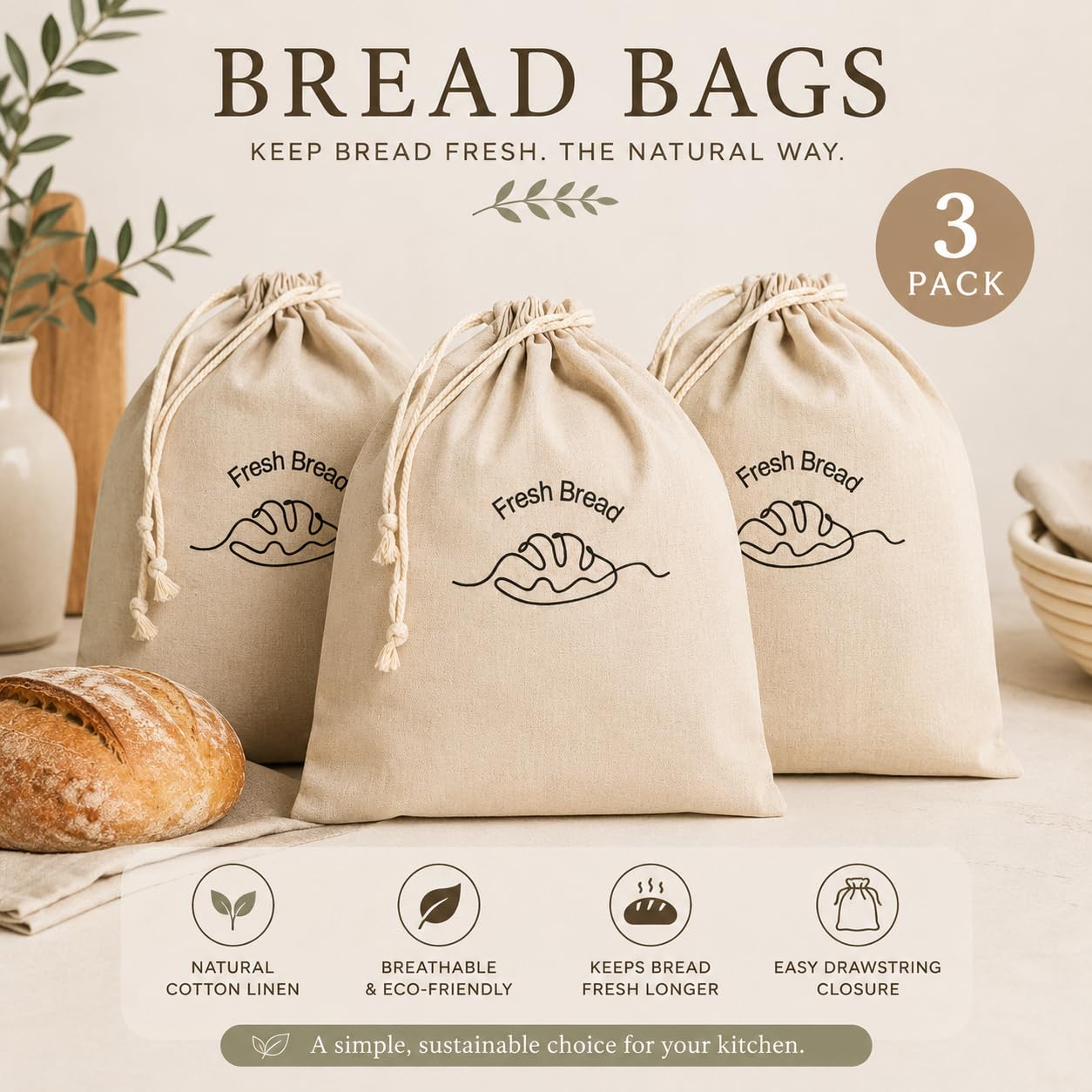 3er-Pack Leinen-Brotbeutel für selbstgemachtes Brot – wiederverwendbare Brotaufbewahrungsbeutel mit Innenfutter – 30,5 x 38,1 cm Sauerteig-Brotbeutel – umweltfreundliches Backzubehör und Geschenke für